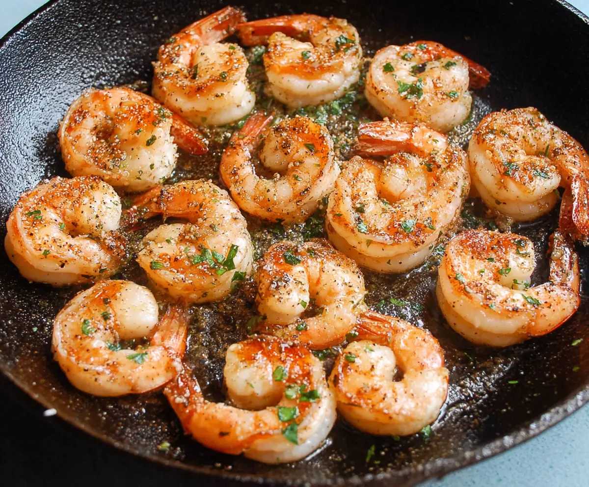 Golden pan-fried shrimp served with lemon and herbs, perfect for a tasty seafood meal.