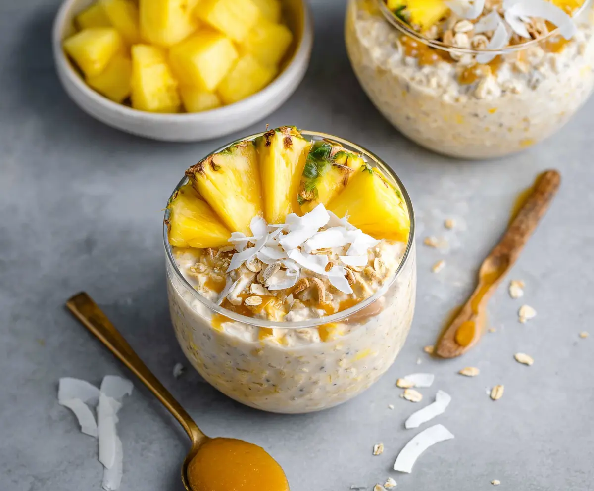 Creamy pineapple overnight oats served in a glass jar with fresh pineapple chunks on top, perfect for a healthy breakfast.
