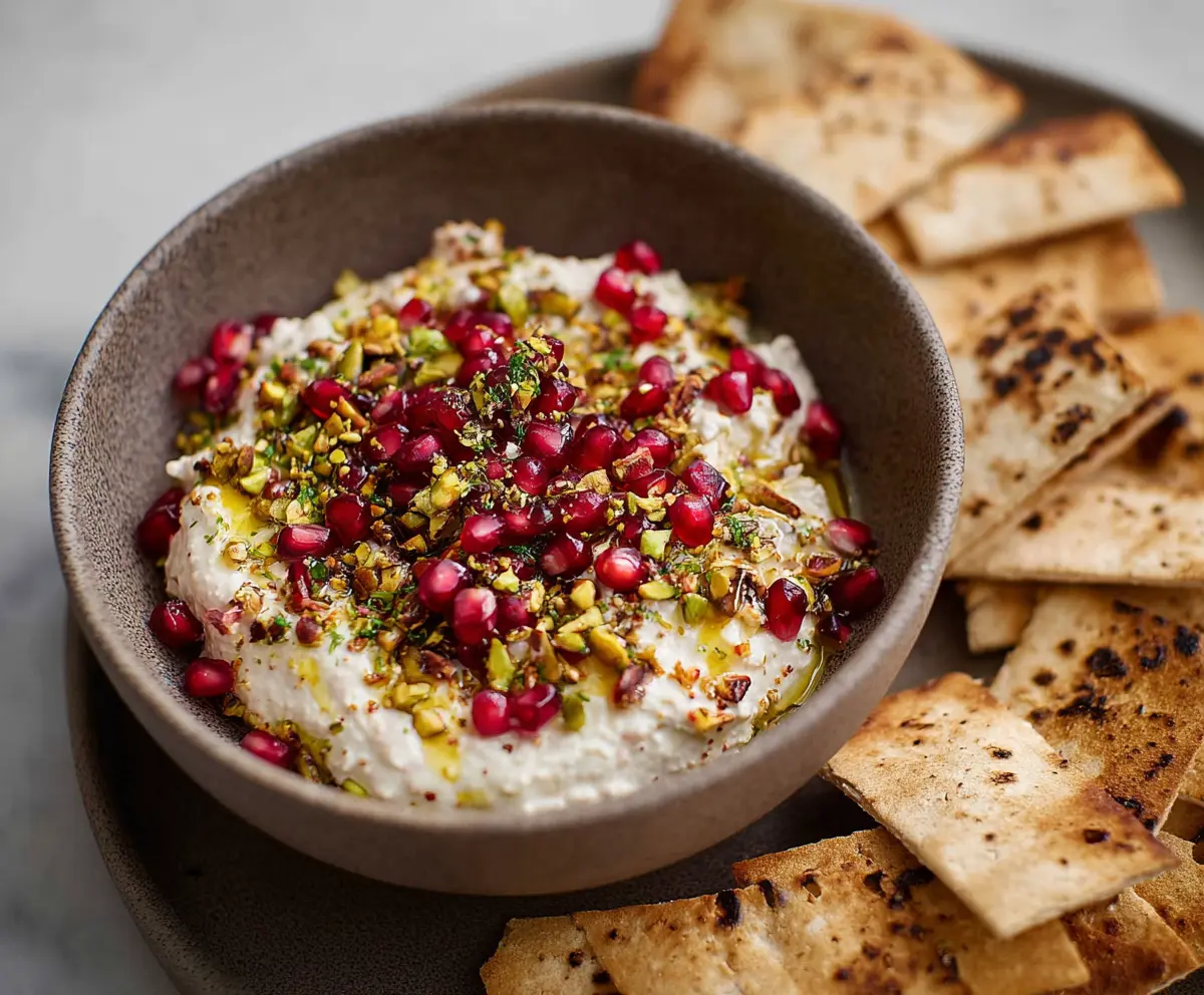 Creamy pomegranate pistachio feta dip garnished with fresh herbs in a glass bowl.