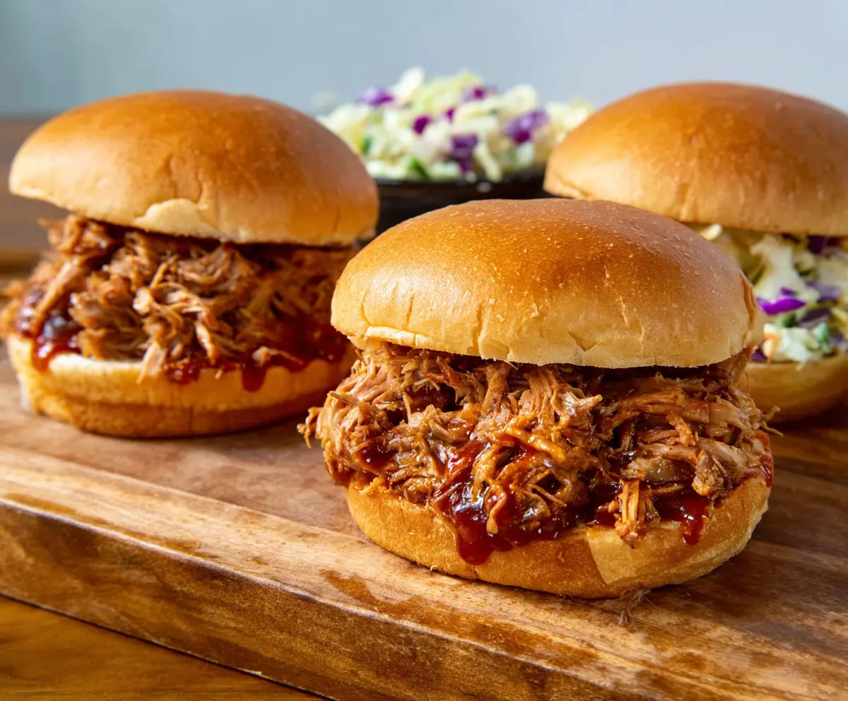 Delicious pulled pork sandwiches with melted cheese and fresh toppings on a rustic bun.