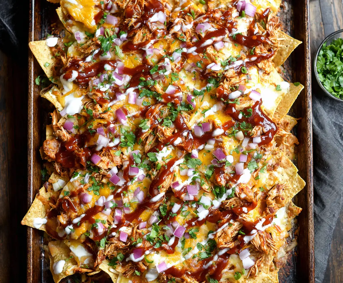 Delicious Sheet Pan BBQ Chicken Nachos topped with melted cheese and fresh toppings.