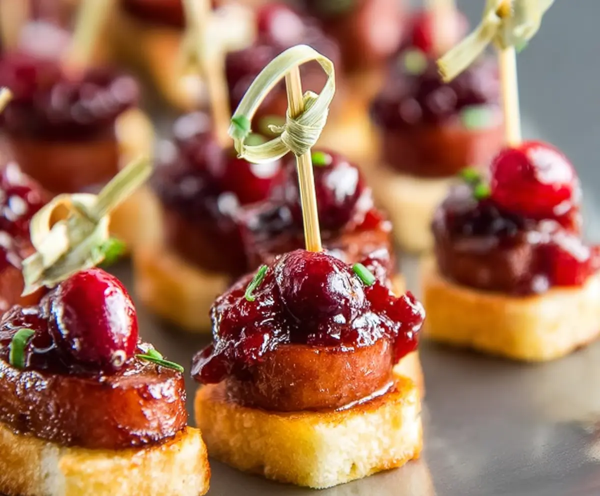 Delicious sheet pan smoked sausage cranberry bites on a serving platter, perfect for parties.