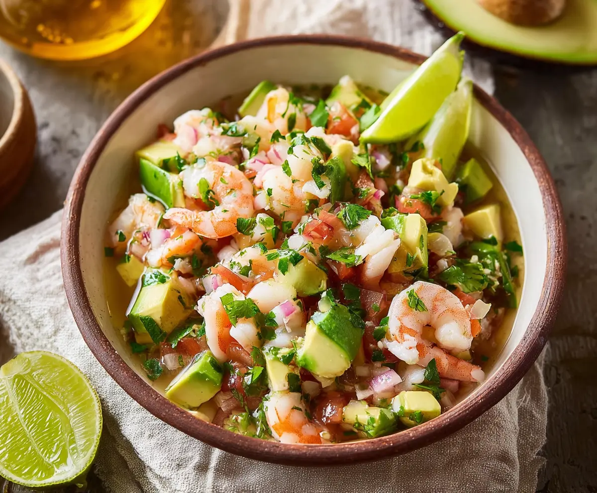 Fresh Shrimp Ceviche with Avocado slices on a white plate, colorful lime and cilantro garnish