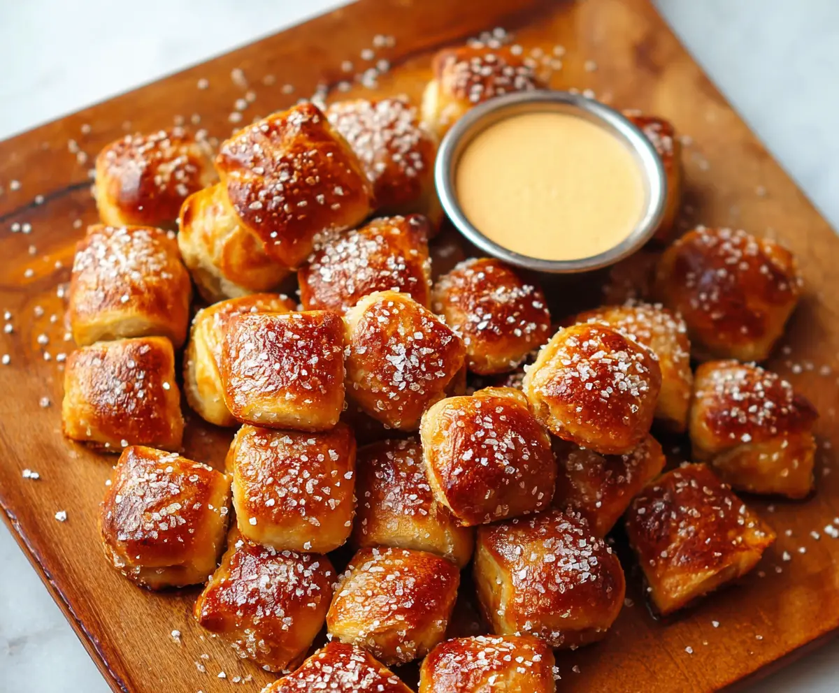 Delicious soft pretzel bites with golden-brown crust, perfect for snacking or appetizer.