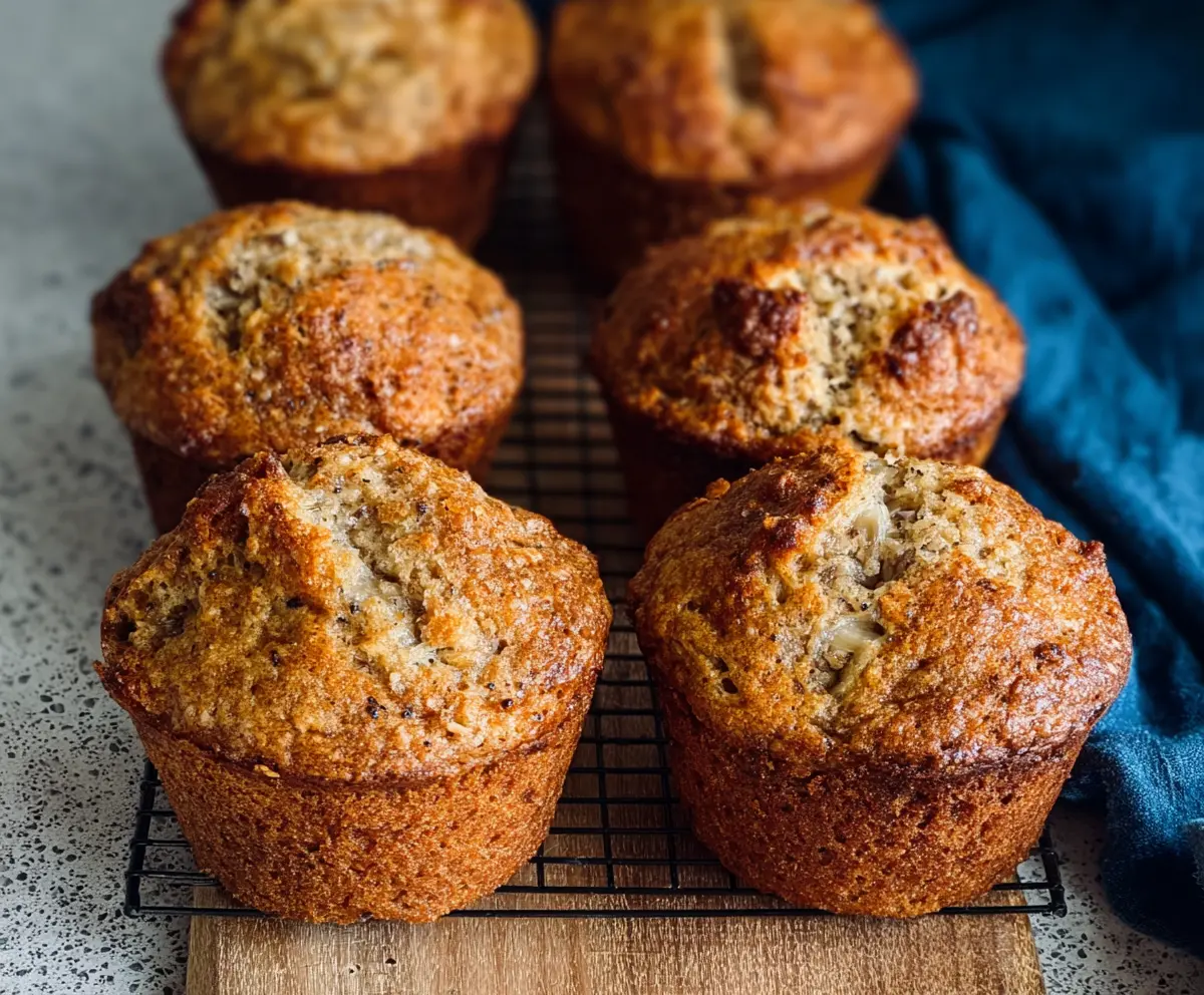 Delicious homemade sourdough banana muffins with ripe bananas and a golden crust