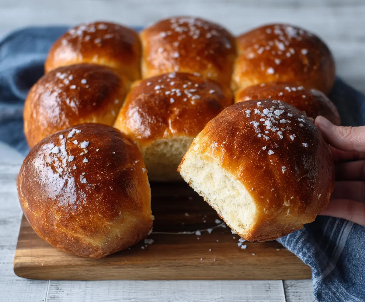 Golden brown sourdough brioche bread rolls fresh out of the oven, showing their soft, fluffy texture and shiny crust.