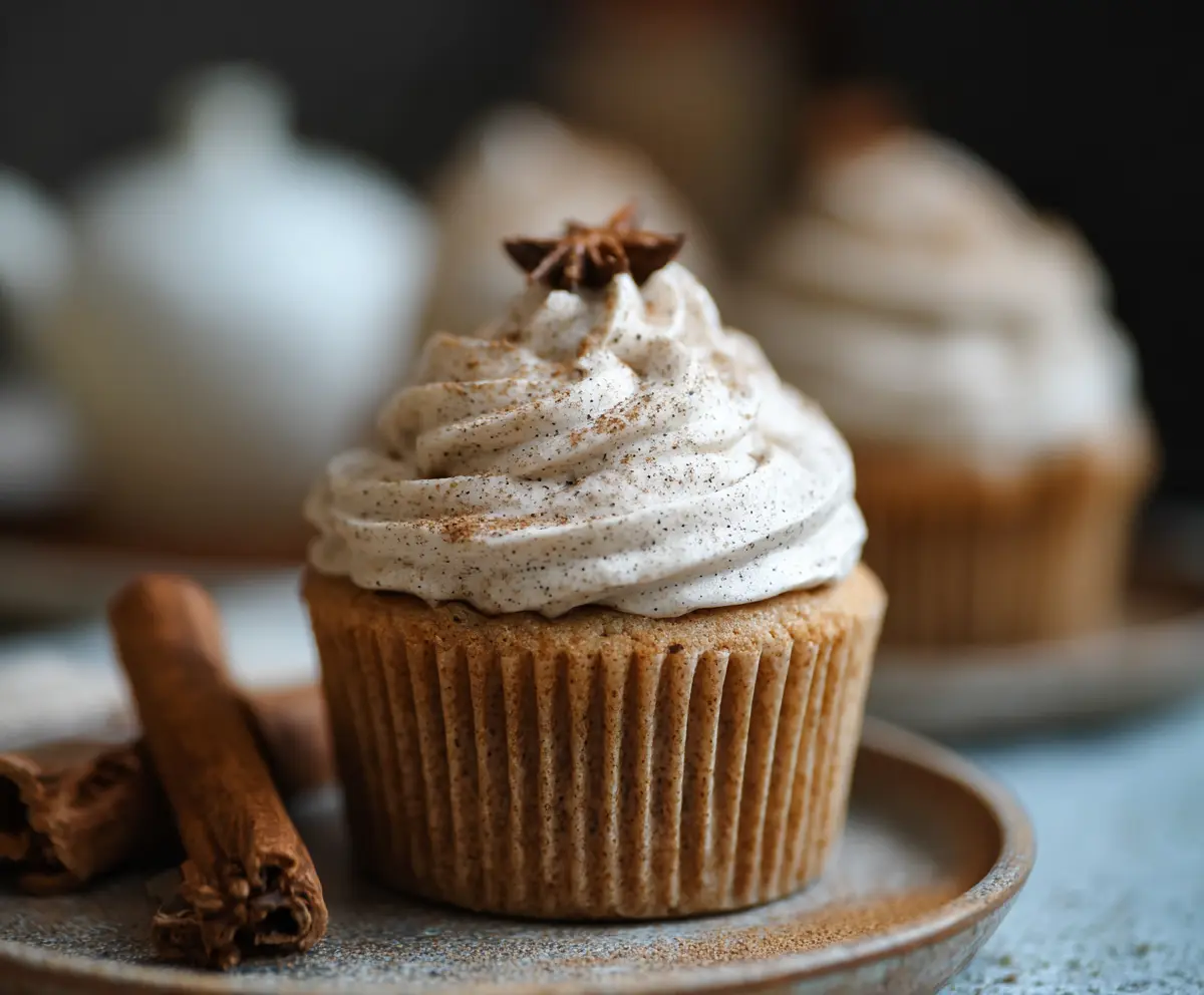 Delicious sourdough chai cupcakes topped with spices and frosting.