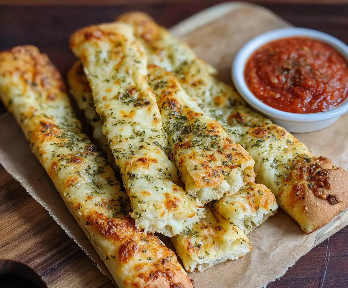 Golden sourdough cheesy breadsticks topped with melted cheese and herbs, perfect for snack or appetizer.