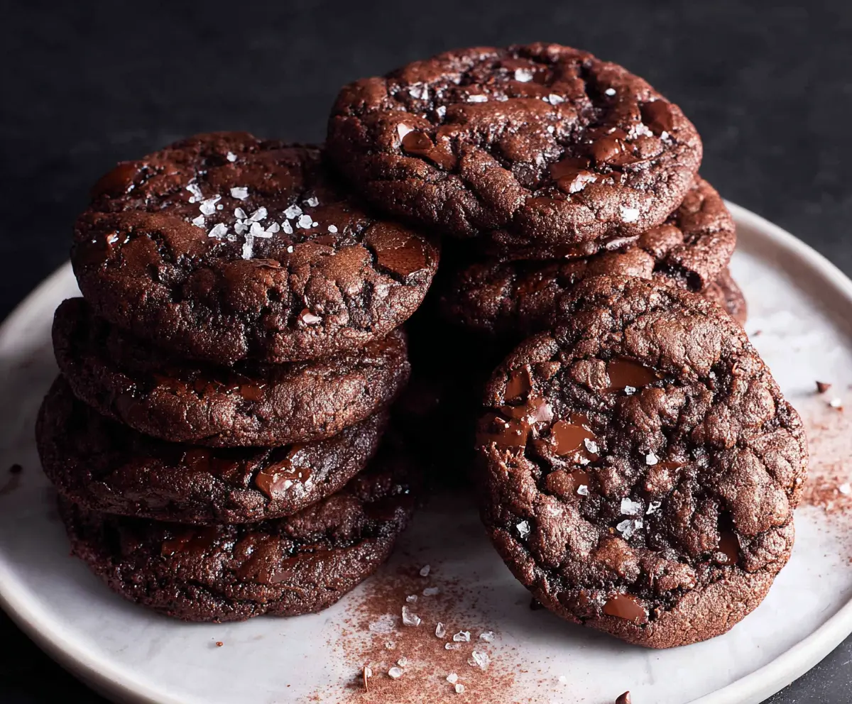 Delicious sourdough discard chocolate brownie cookies on a plate, showcasing their rich, chewy texture and fudgy appearance.