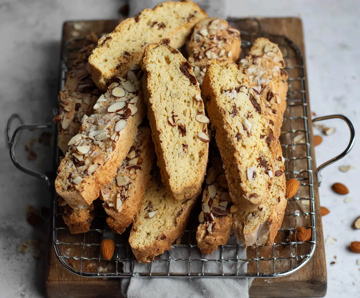 Delicious homemade sourdough discard toasted almond biscotti on a rustic plate