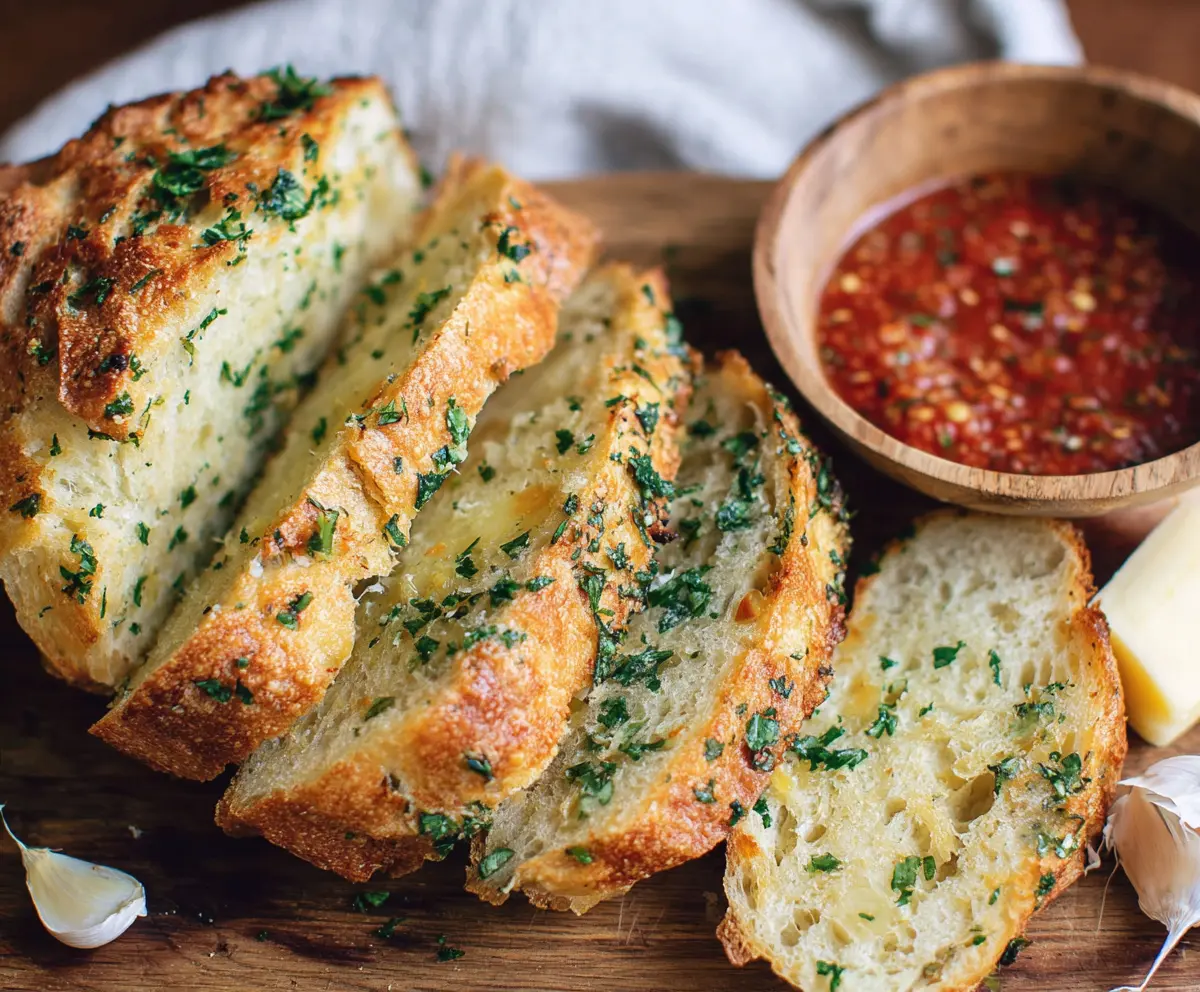 Delicious homemade sourdough garlic bread with golden crust and aromatic garlic topping.