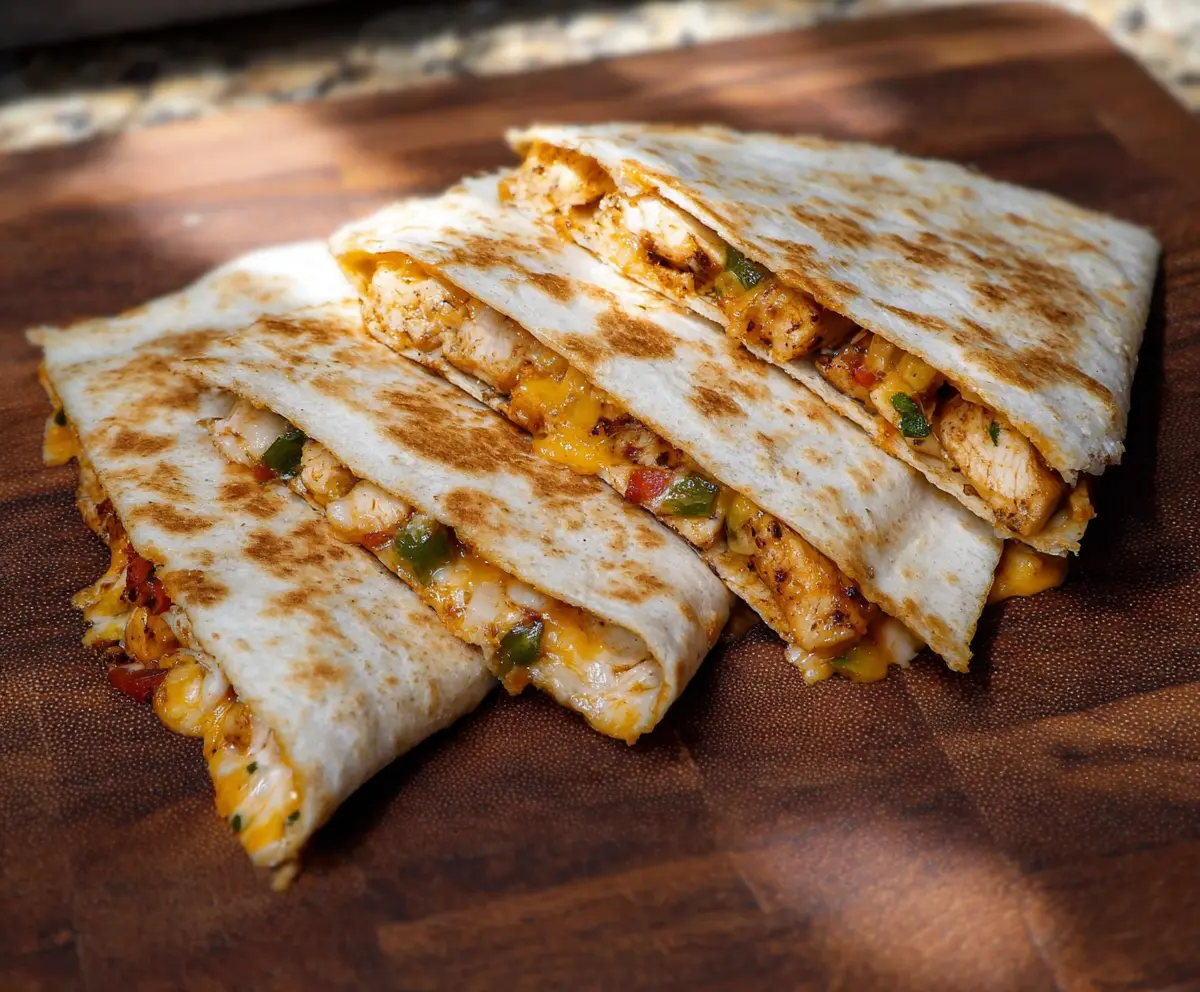Delicious Southwest Chicken Quesadillas filled with melted cheese, seasoned chicken, and colorful peppers.
