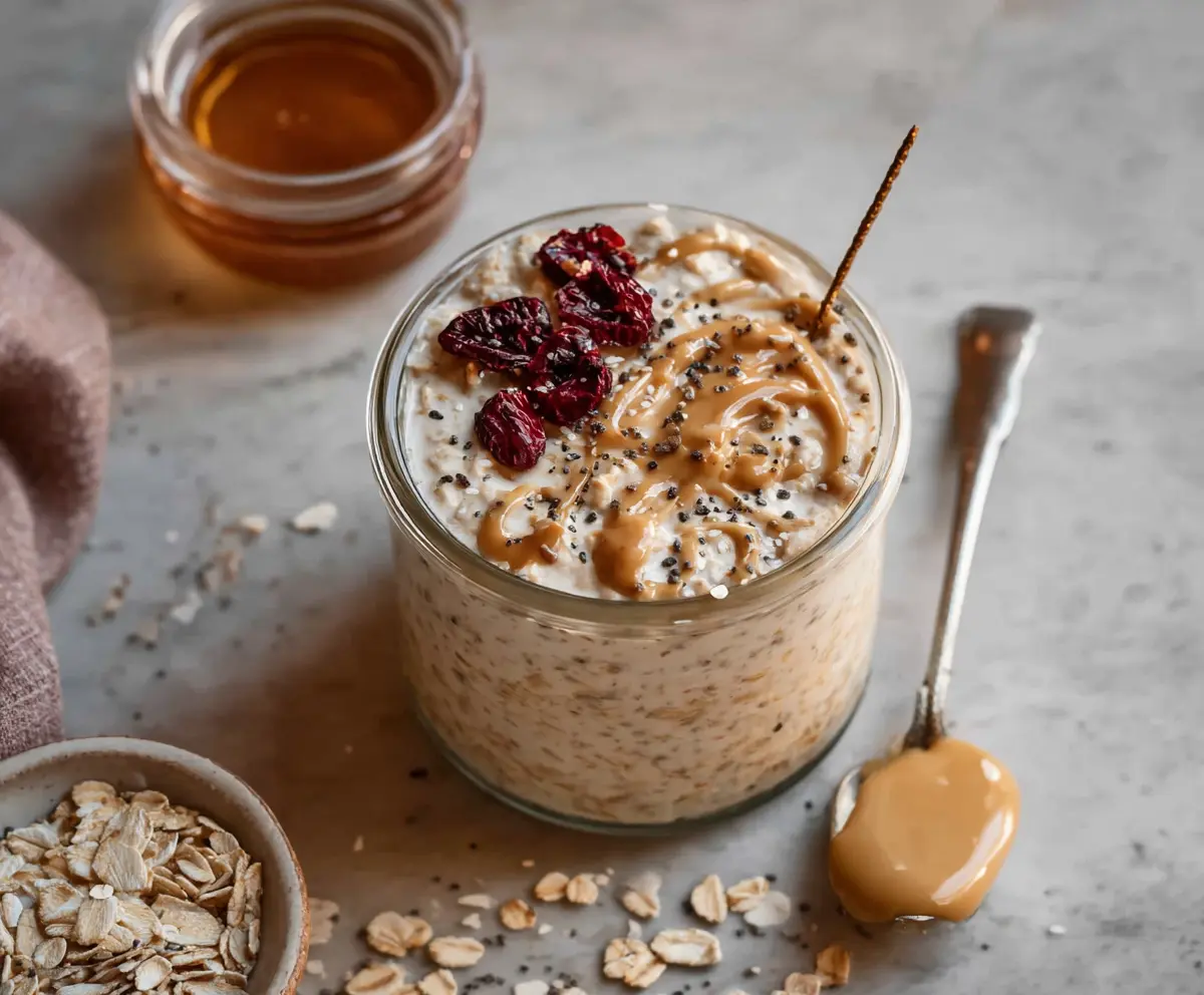 Creamy sugar cookie overnight oats with a sprinkle of sugar and cookie crumbs in a glass jar.