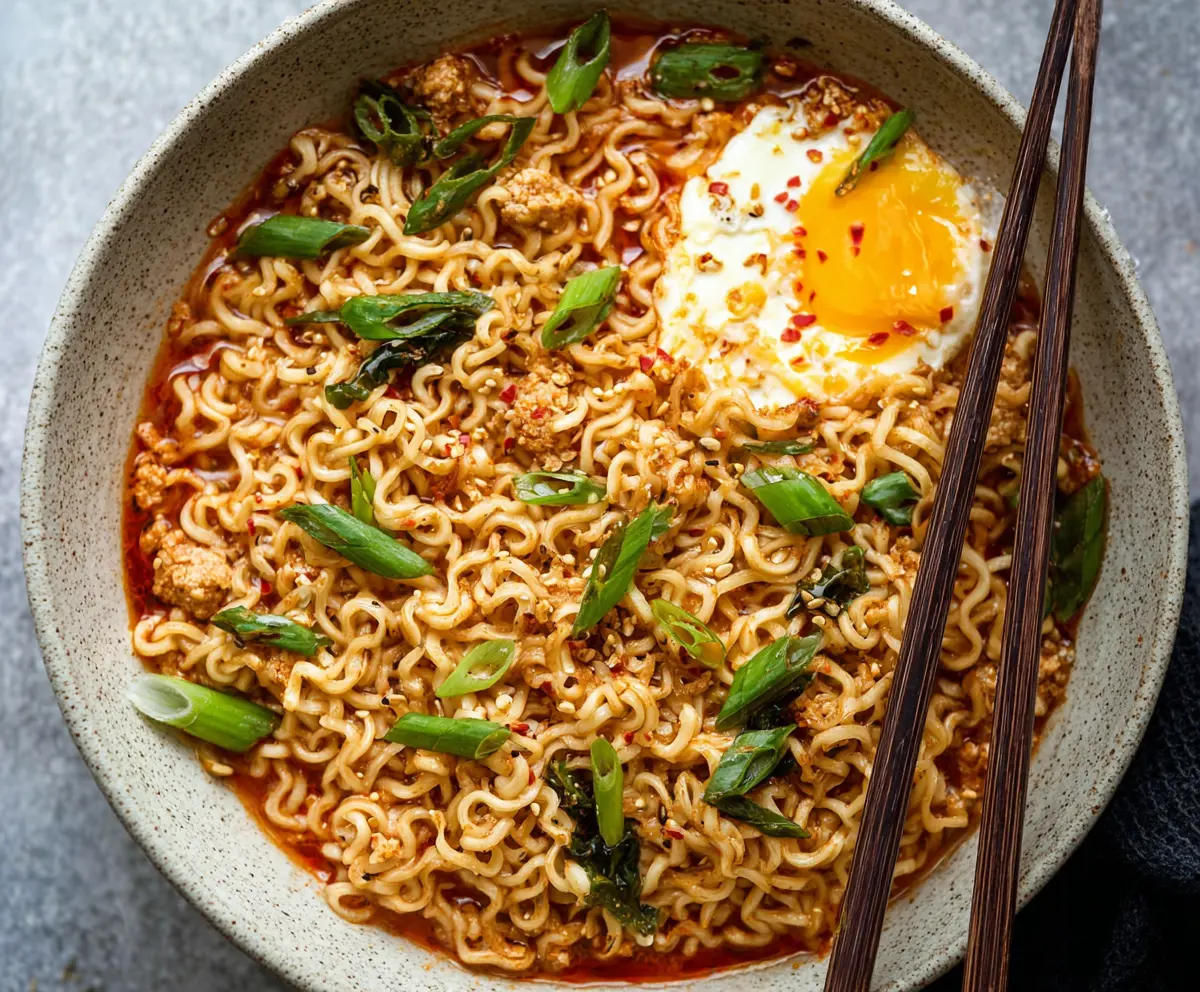 Close-up of a bowl of spicy sweet chili ramen noodles garnished with green onions and sesame seeds.