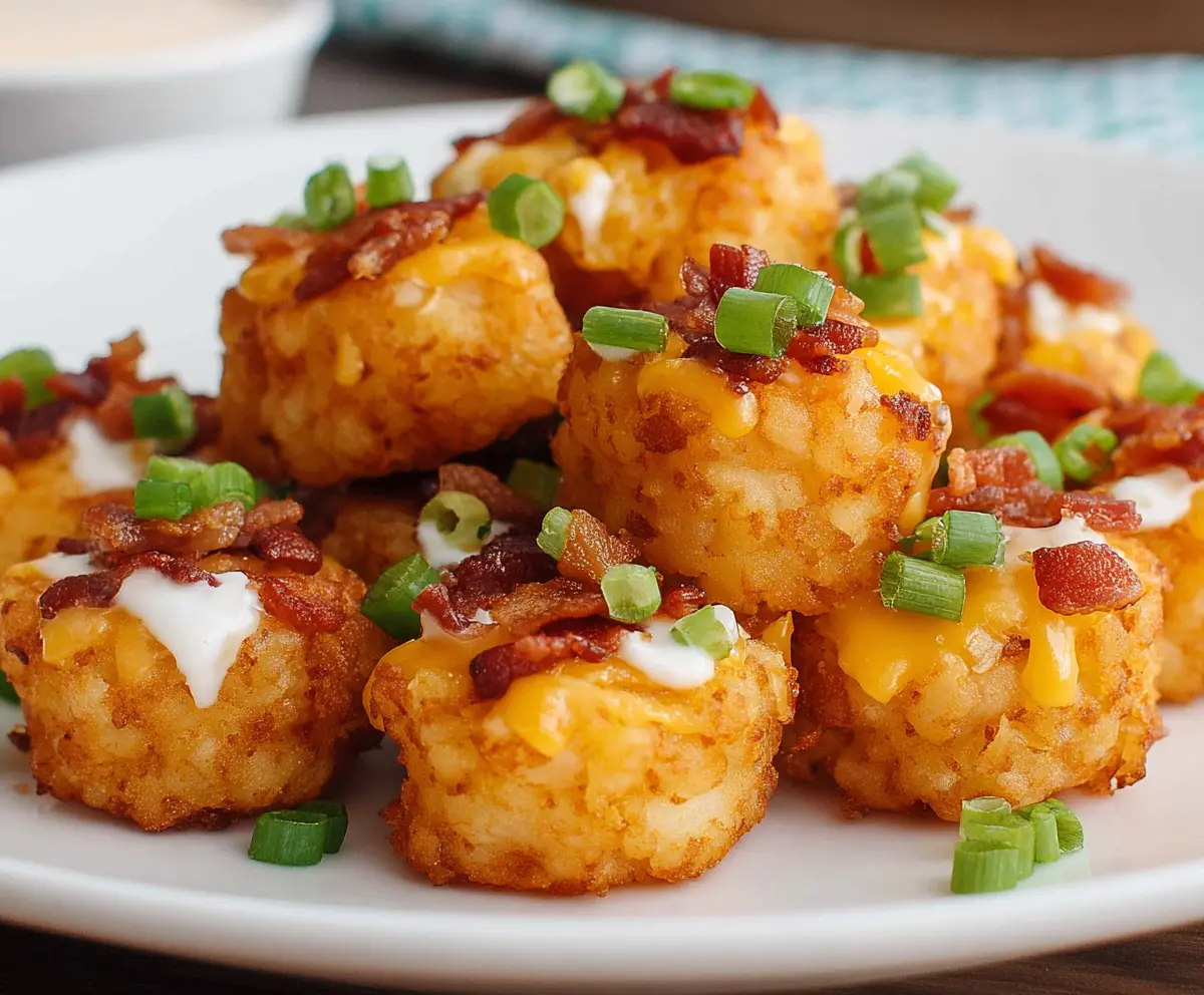 Crispy Tater Tot Bites served with a side of ketchup on a white plate for a delicious snack or appetizer