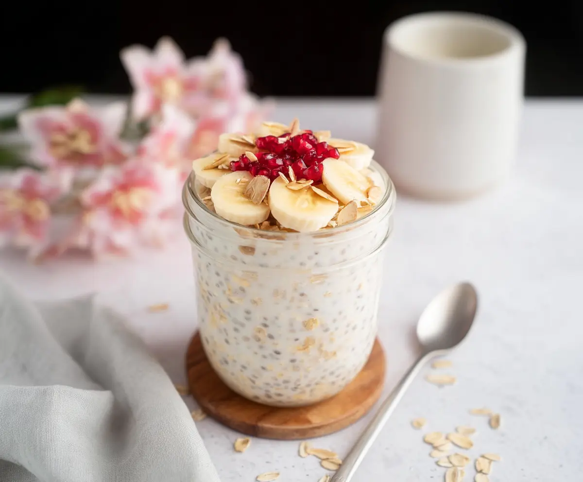 Creamy vanilla overnight oats in a glass jar topped with fresh berries and a sprig of mint