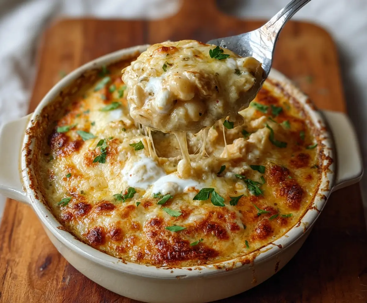 Creamy white chicken chili cottage cheese winter bake in a casserole dish, garnished with herbs.