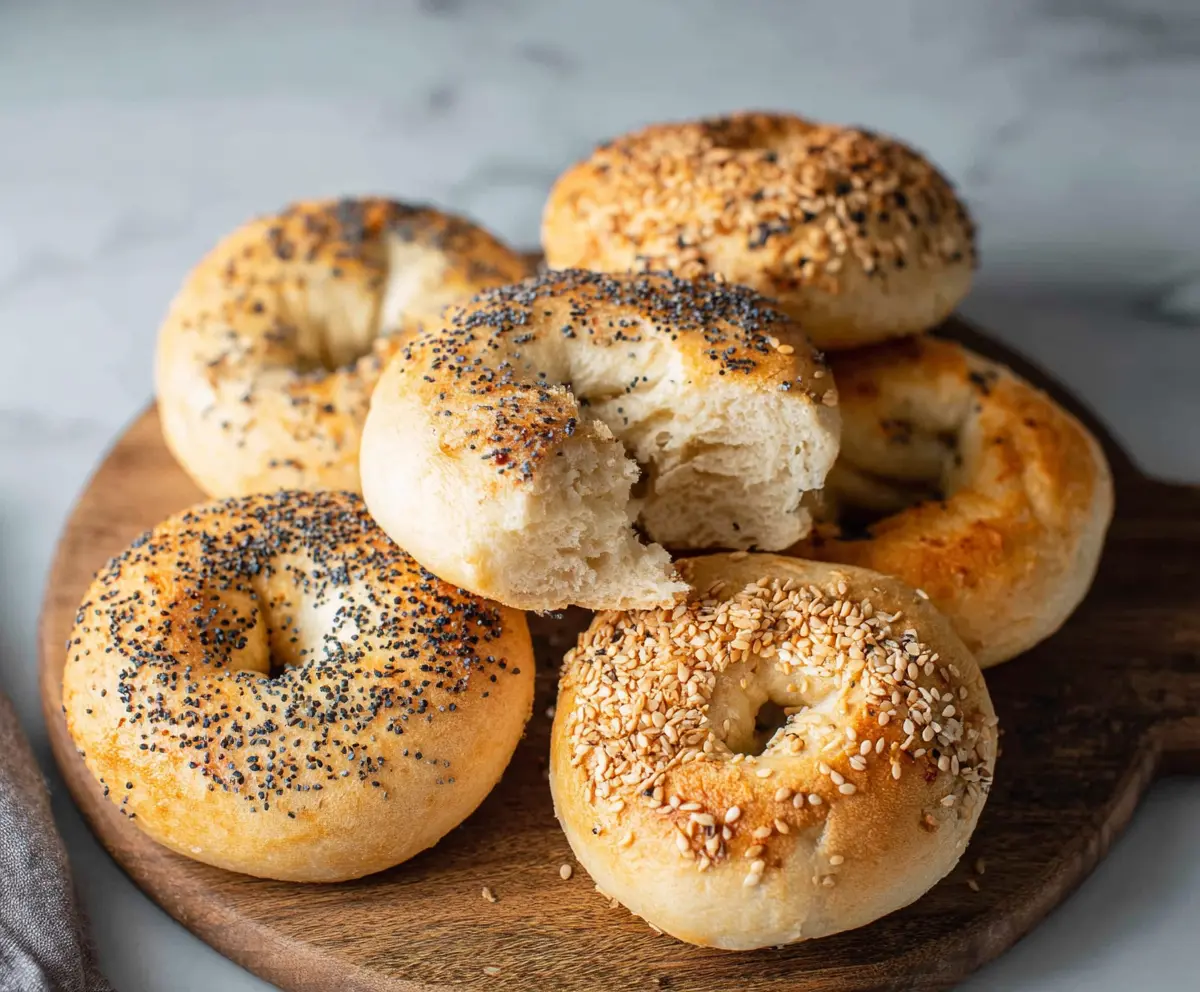 Delicious homemade bagels made with just two simple ingredients on a baking sheet.