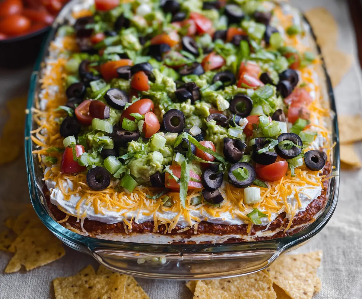 Delicious 7 Layer Bean Dip with avocado, cheese, and fresh toppings on a colorful plate