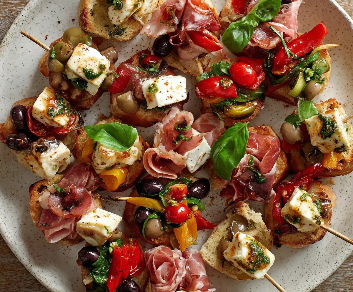 Delicious Antipasto Bites with cured meats, cheese, and vegetables on a platter