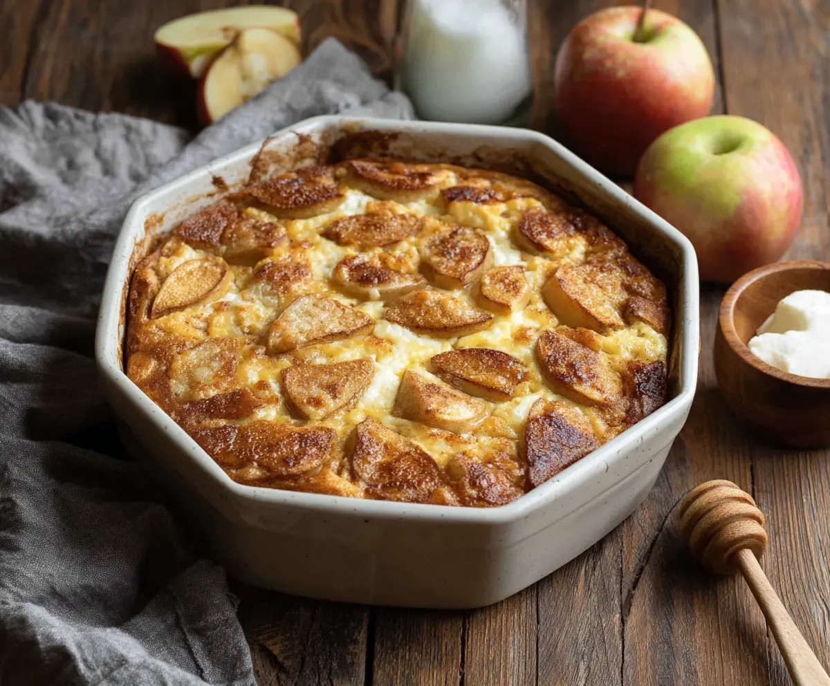 Delicious Apple Cinnamon Cottage Cheese Bake served fresh, showcasing a golden-brown top with apple slices and a sprinkle of cinnamon.