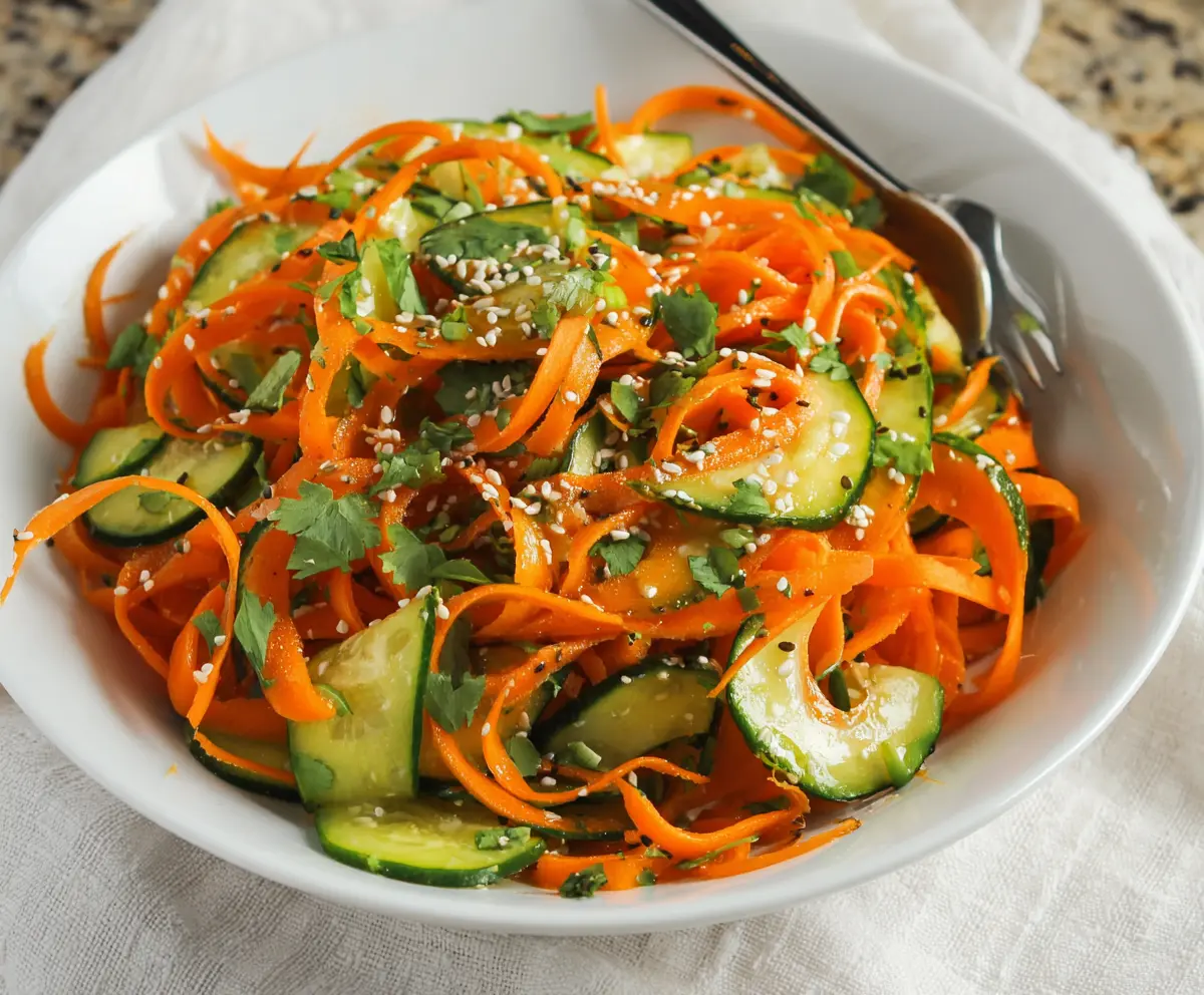 Fresh Asian carrot and cucumber salad served in a bowl, showcasing vibrant orange and green colors.