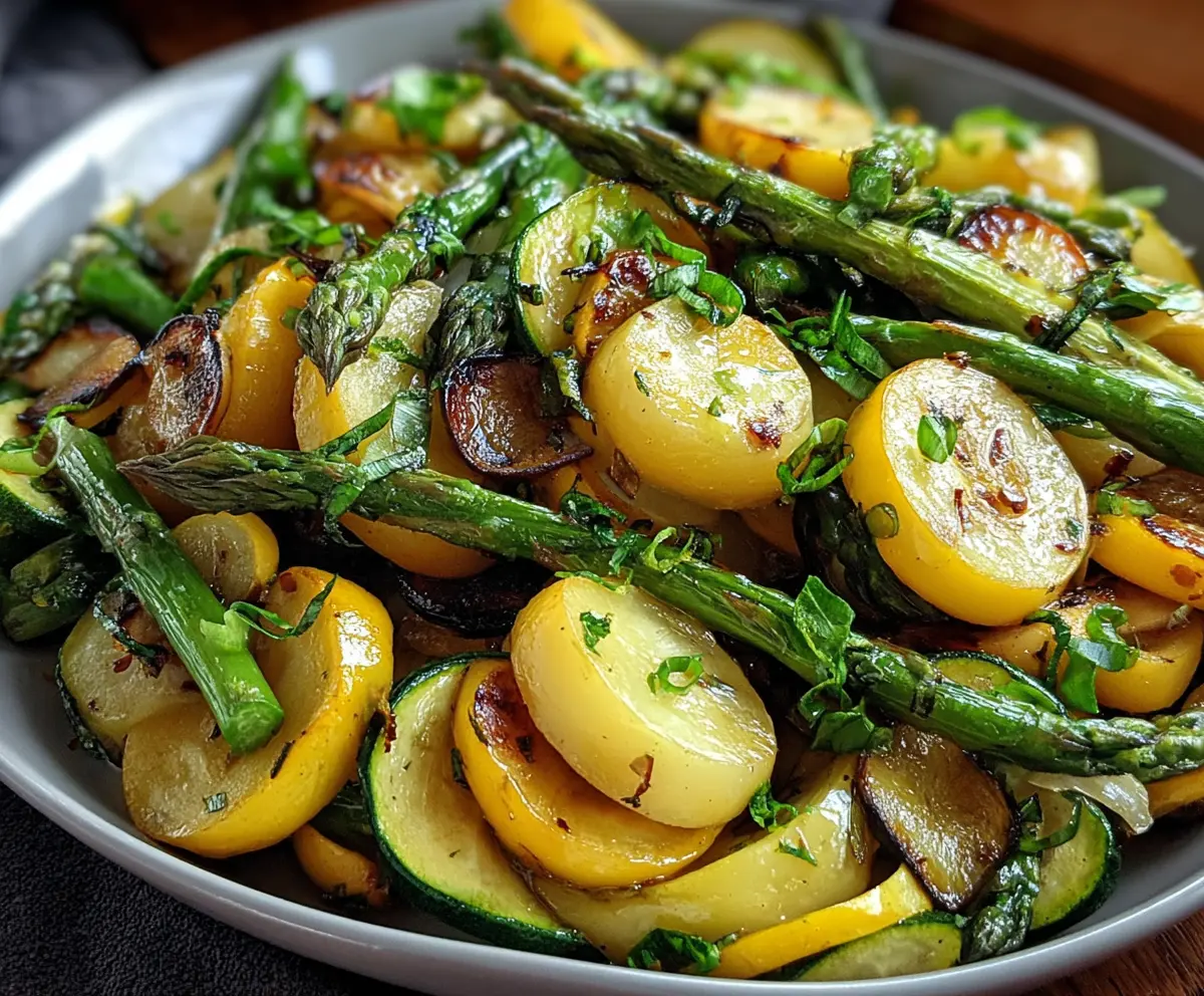 Fresh asparagus with zucchini and squash prepared as a healthy vegetable dish.