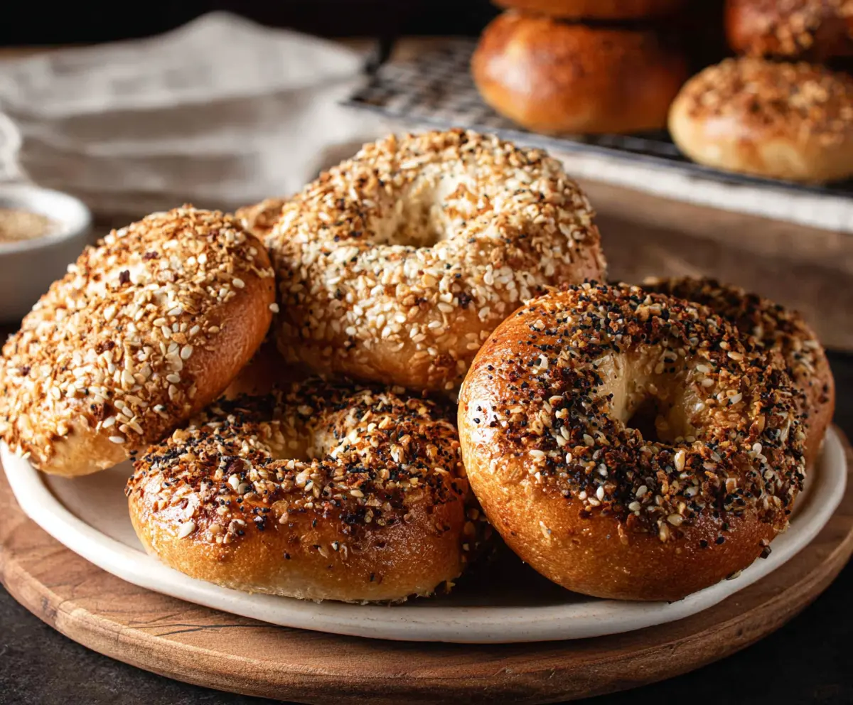 Freshly baked authentic New York style bagels with a golden crust and chewy texture.