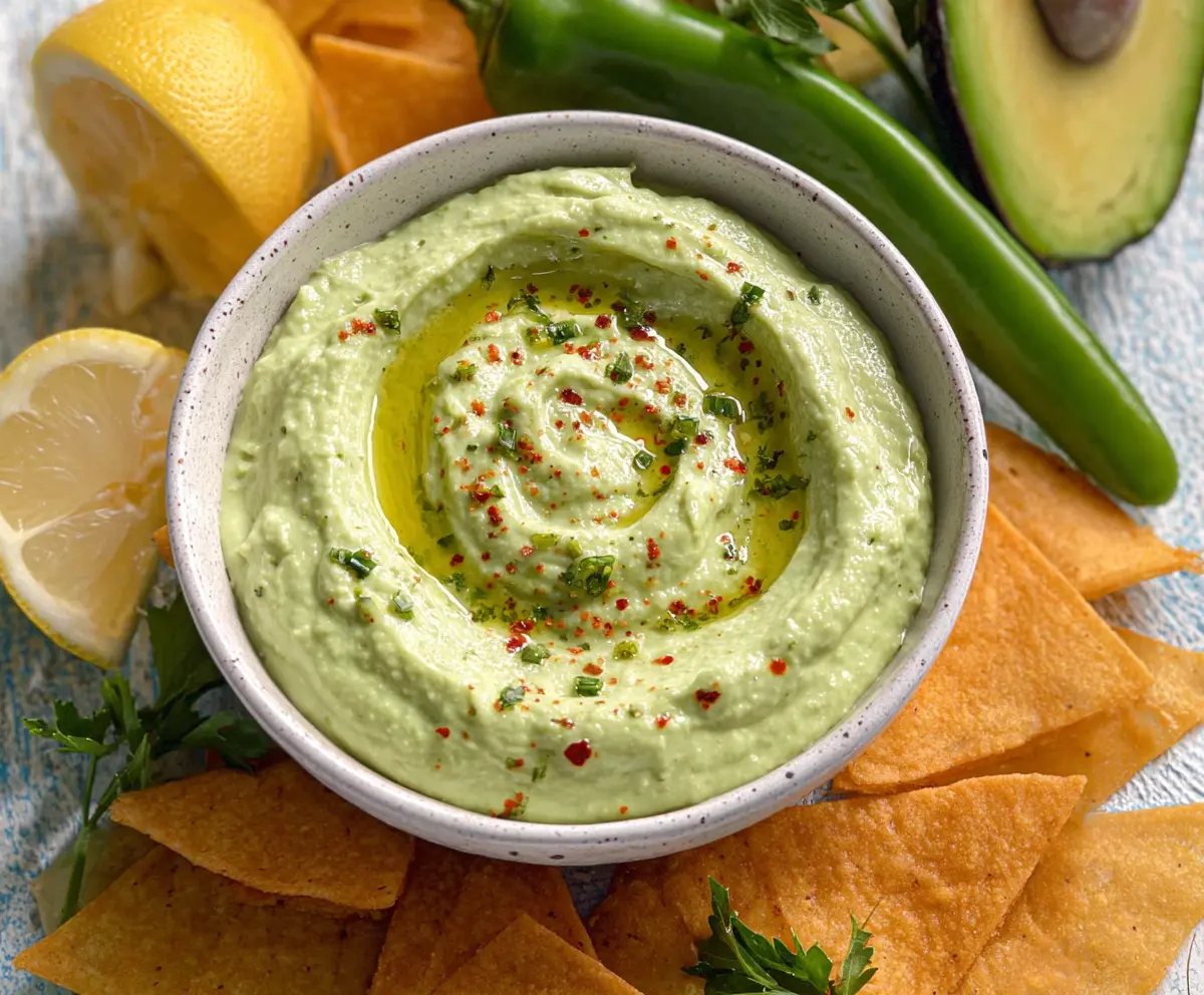 Creamy avocado dip with fresh herbs served with tortilla chips.