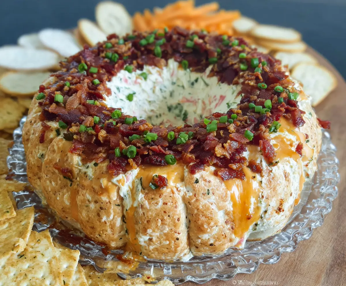 Delicious Bacon Cheese Ring Party Dip with crispy bacon and melted cheese in a circular bread ring garnish