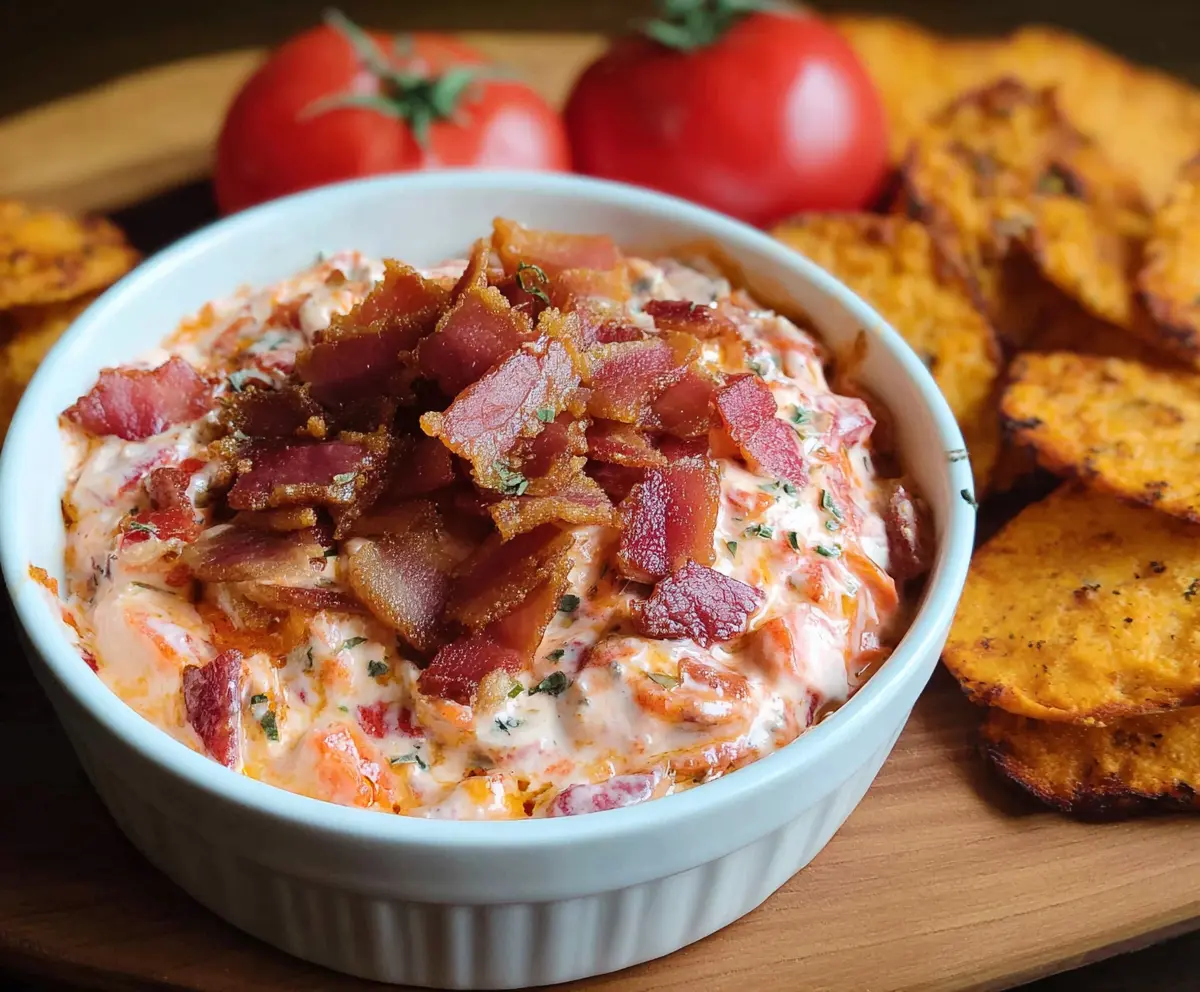 Creamy bacon and tomato dip served with fresh vegetables for a delicious appetizer.