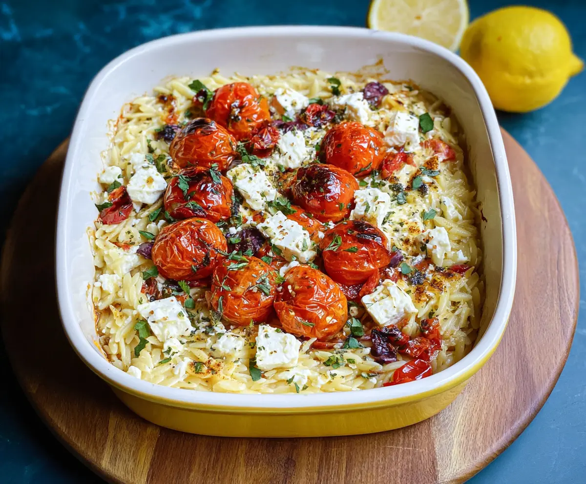 Delicious baked feta orzo dish with golden crust and fresh herbs on a white plate.