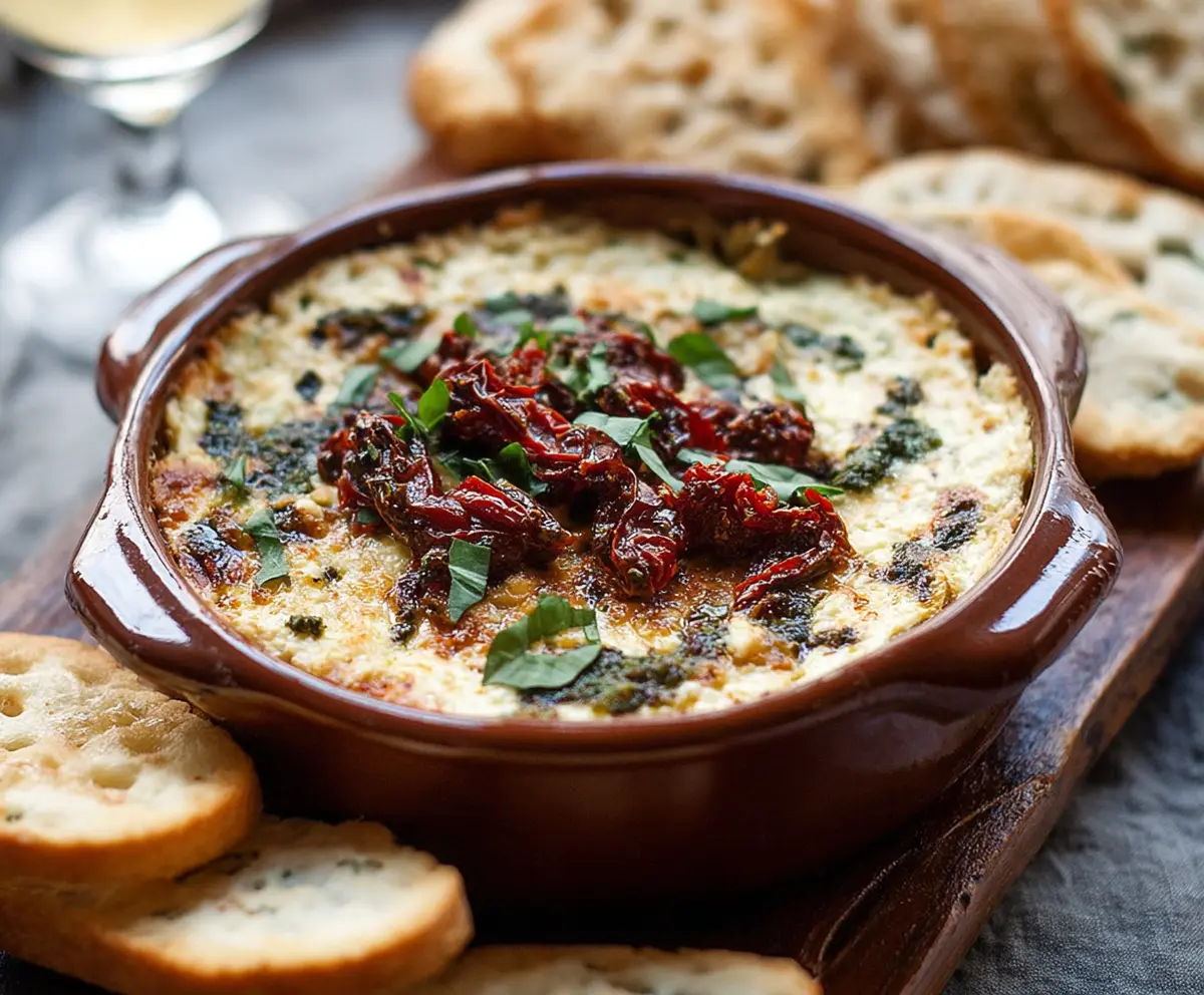 Creamy baked pesto and sun-dried tomato dip served with fresh bread.