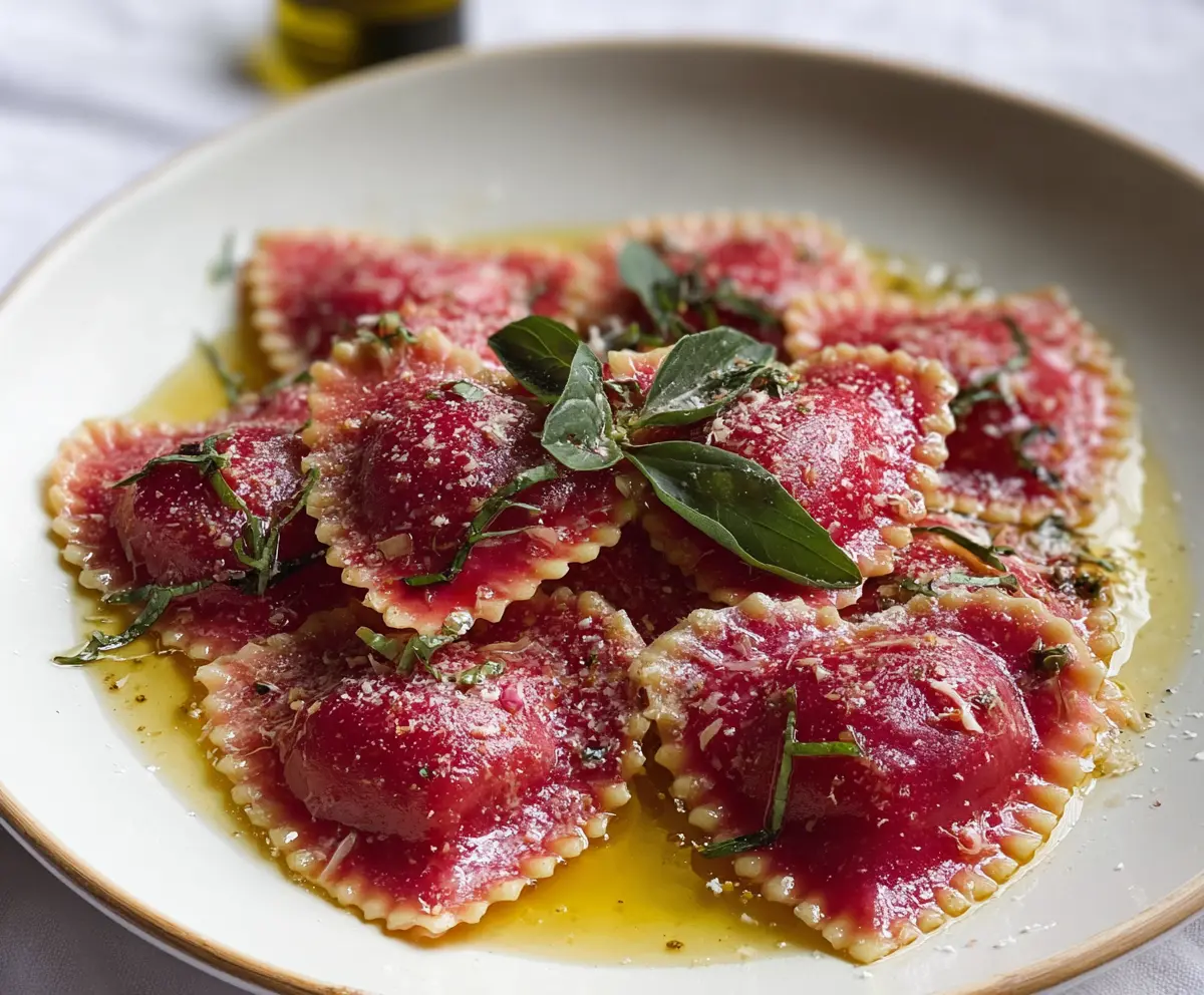 Beet Heart Ravioli with vibrant pink beet filling and fresh pasta on a rustic plate