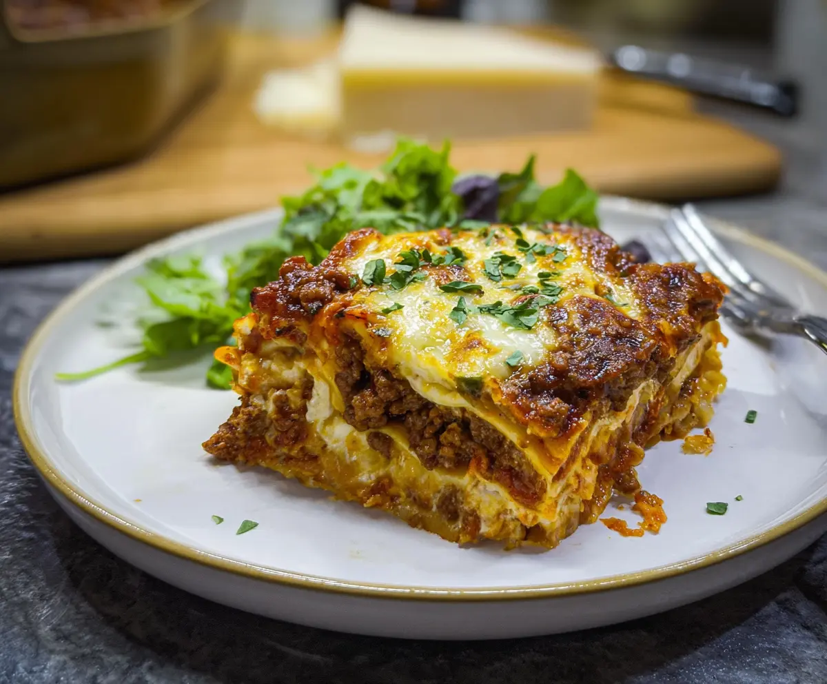 Delicious homemade Bison Lasagna layered with rich cheese and savory bison meat.