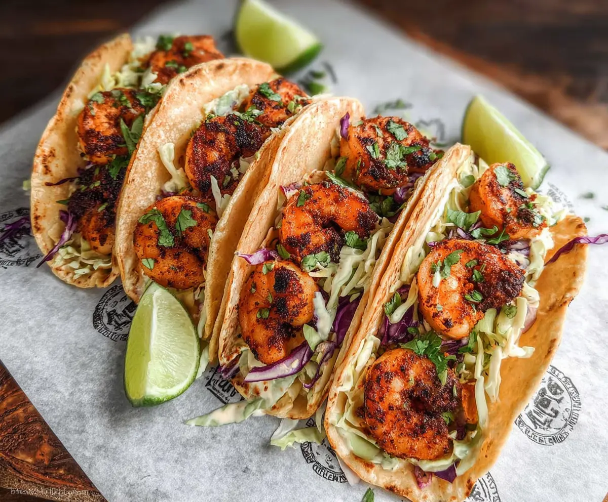 Delicious blackened shrimp tacos with fresh toppings on a plate, showcasing vibrant colors and crispy textures.