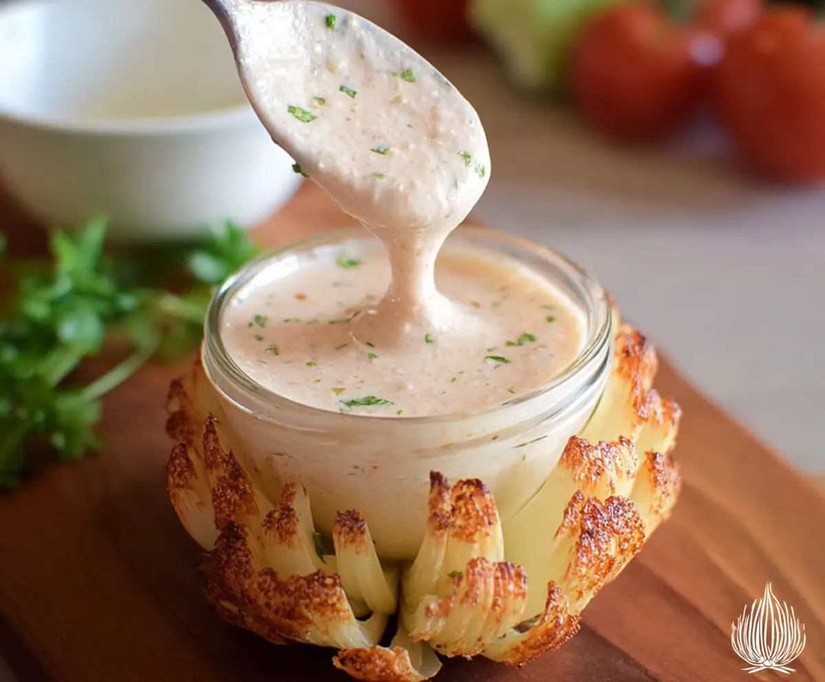 Creamy Bloomin Onion Sauce served with crispy onion appetizer.
