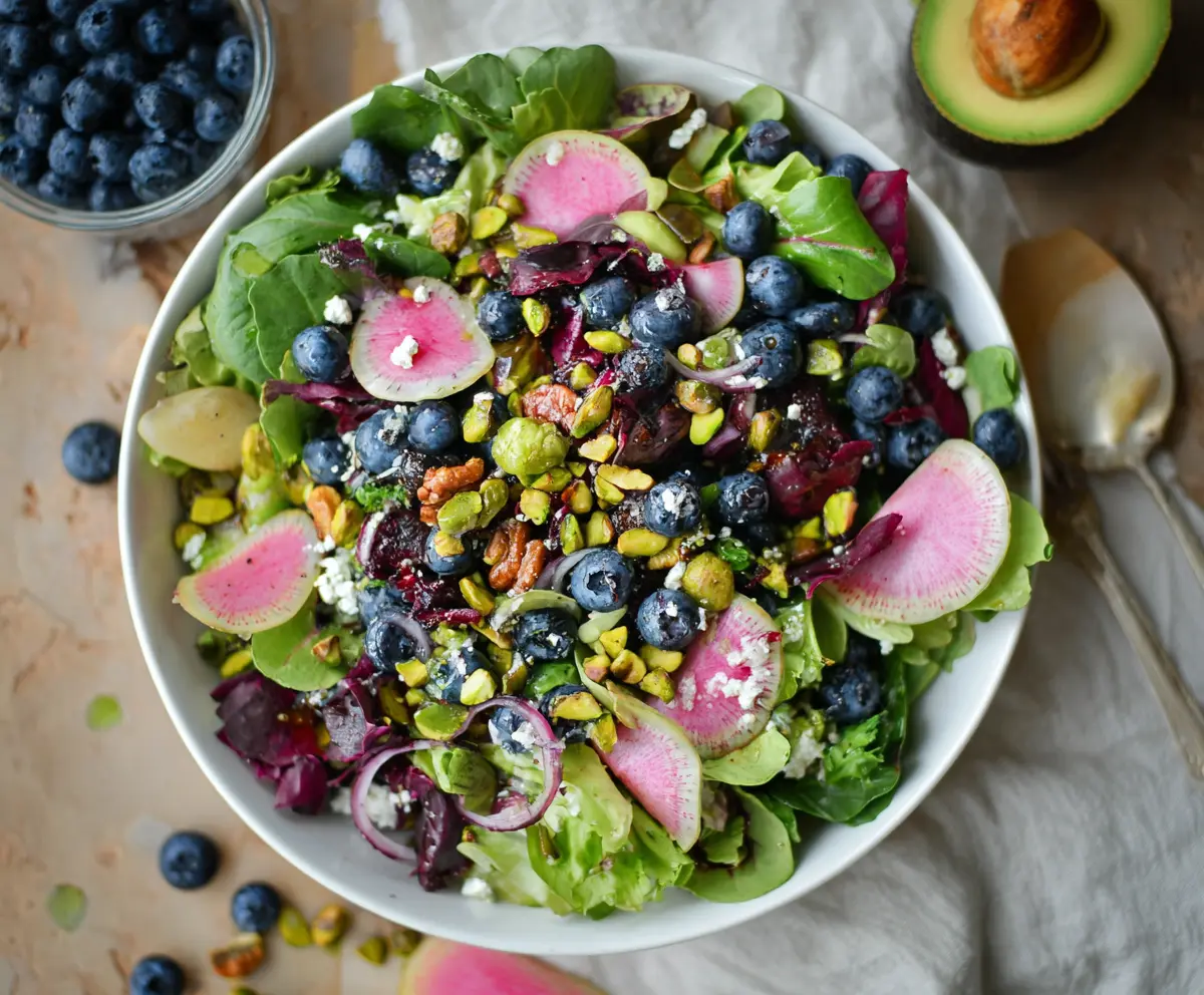 Fresh blueberry pistachio spring salad served in a bowl with colorful vegetables and arugula.