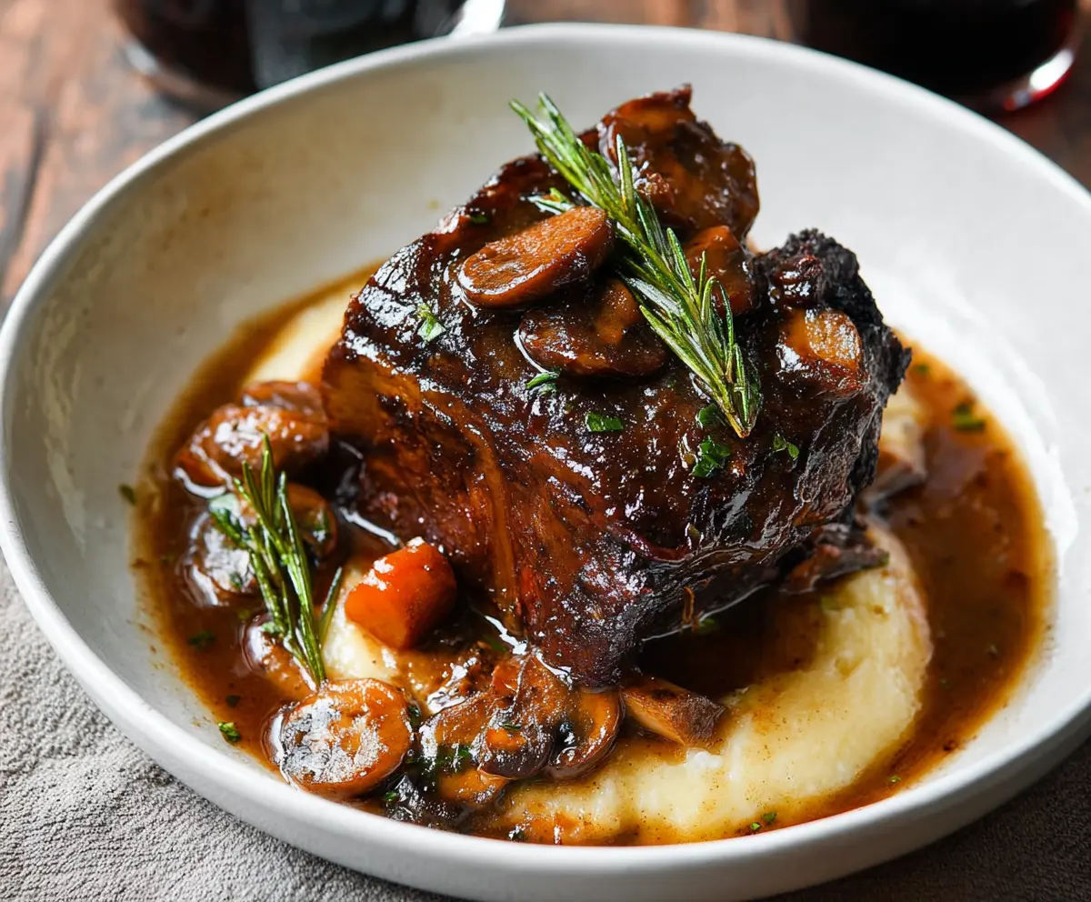 Juicy braised short ribs served with a savory sauce on a rustic plate.