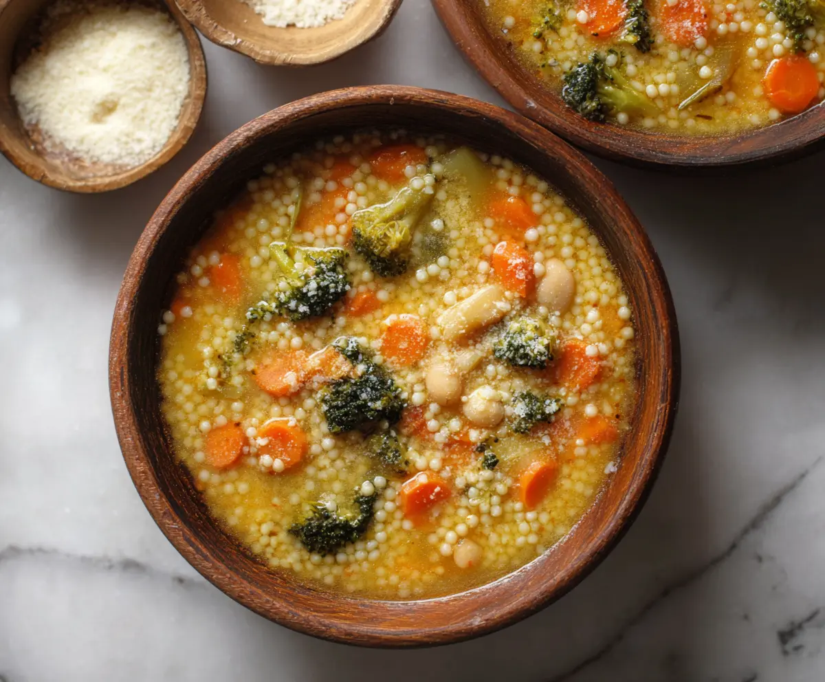 A bowl of nourishing broccoli and carrot couscous soup garnished with fresh herbs, served hot on a rustic wooden table.