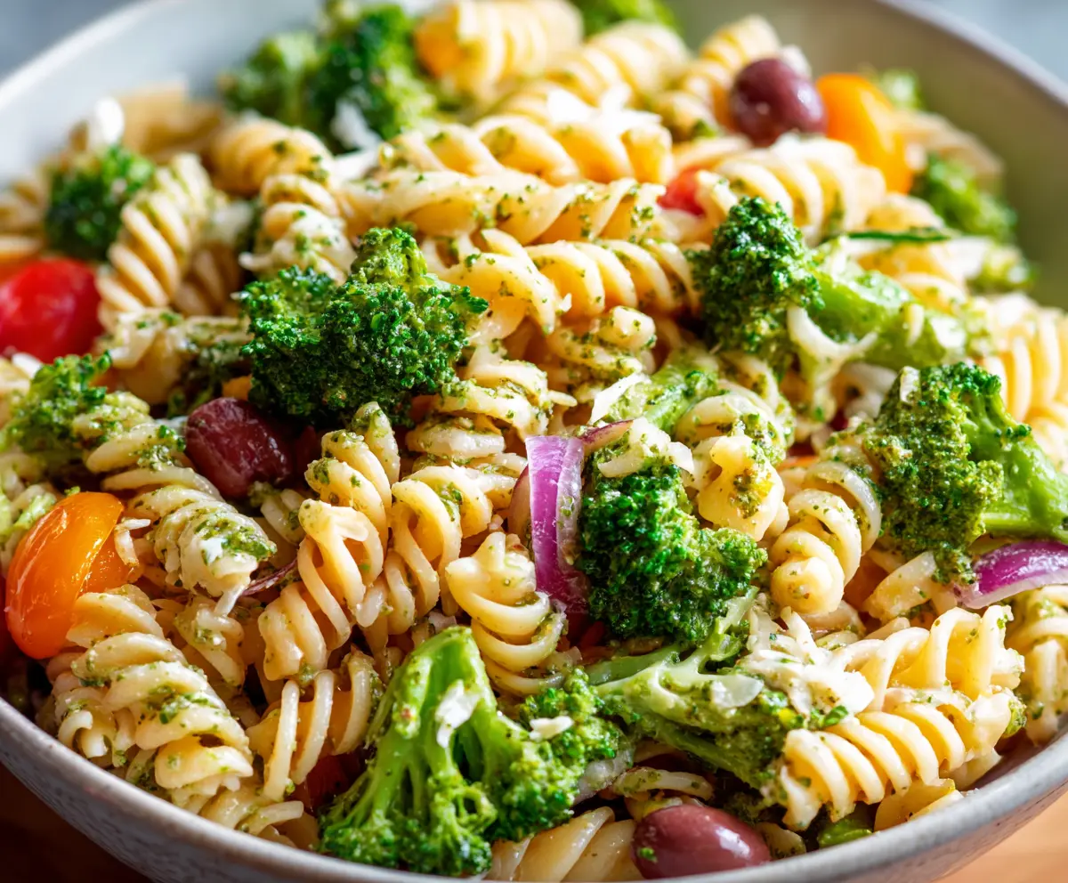 Colorful broccoli pasta salad with fresh vegetables and light dressing in a serving bowl.