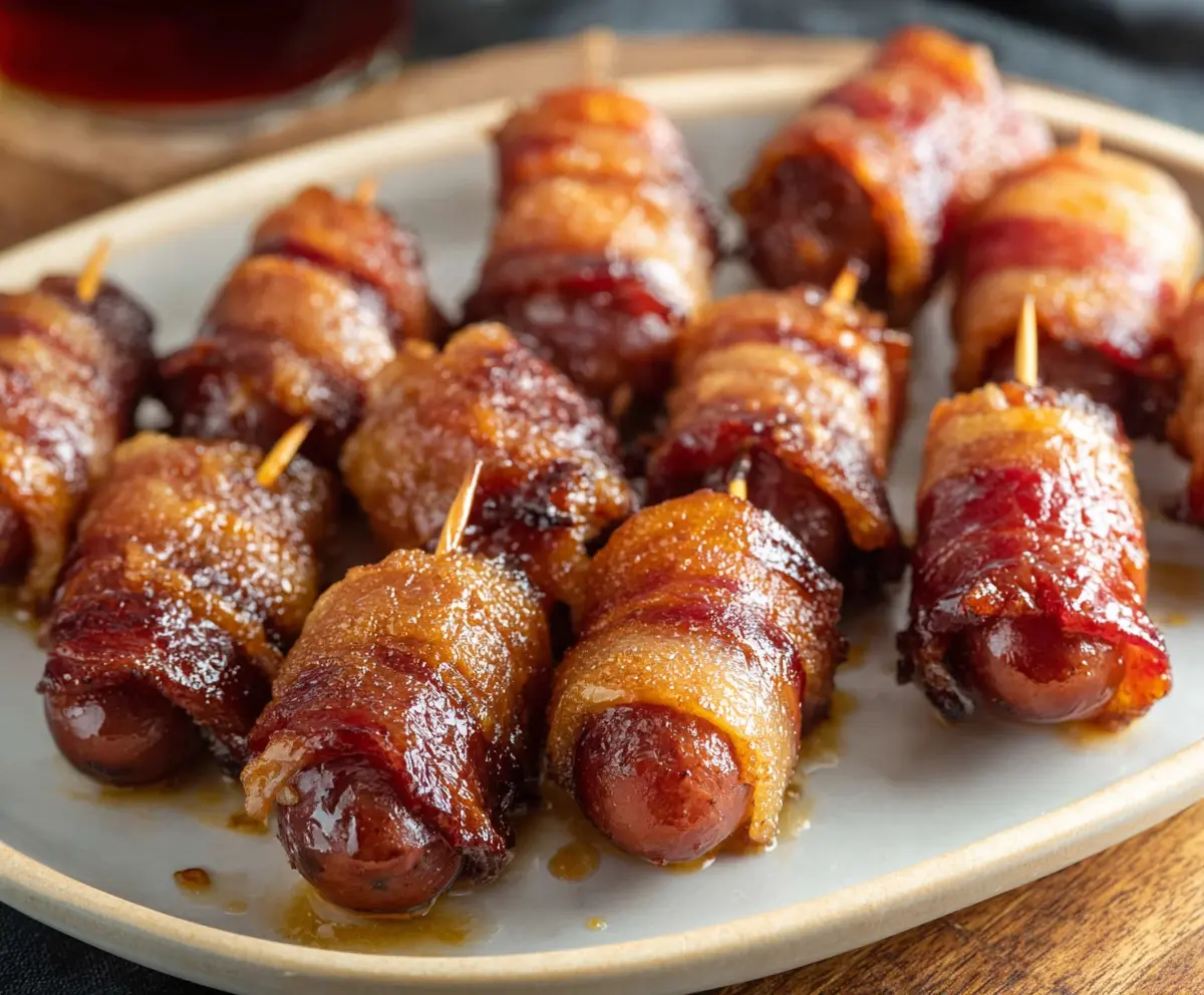 Delicious Brown Sugar Bacon Little Smokies appetizer featuring bacon-wrapped sausages glazed with brown sugar.
