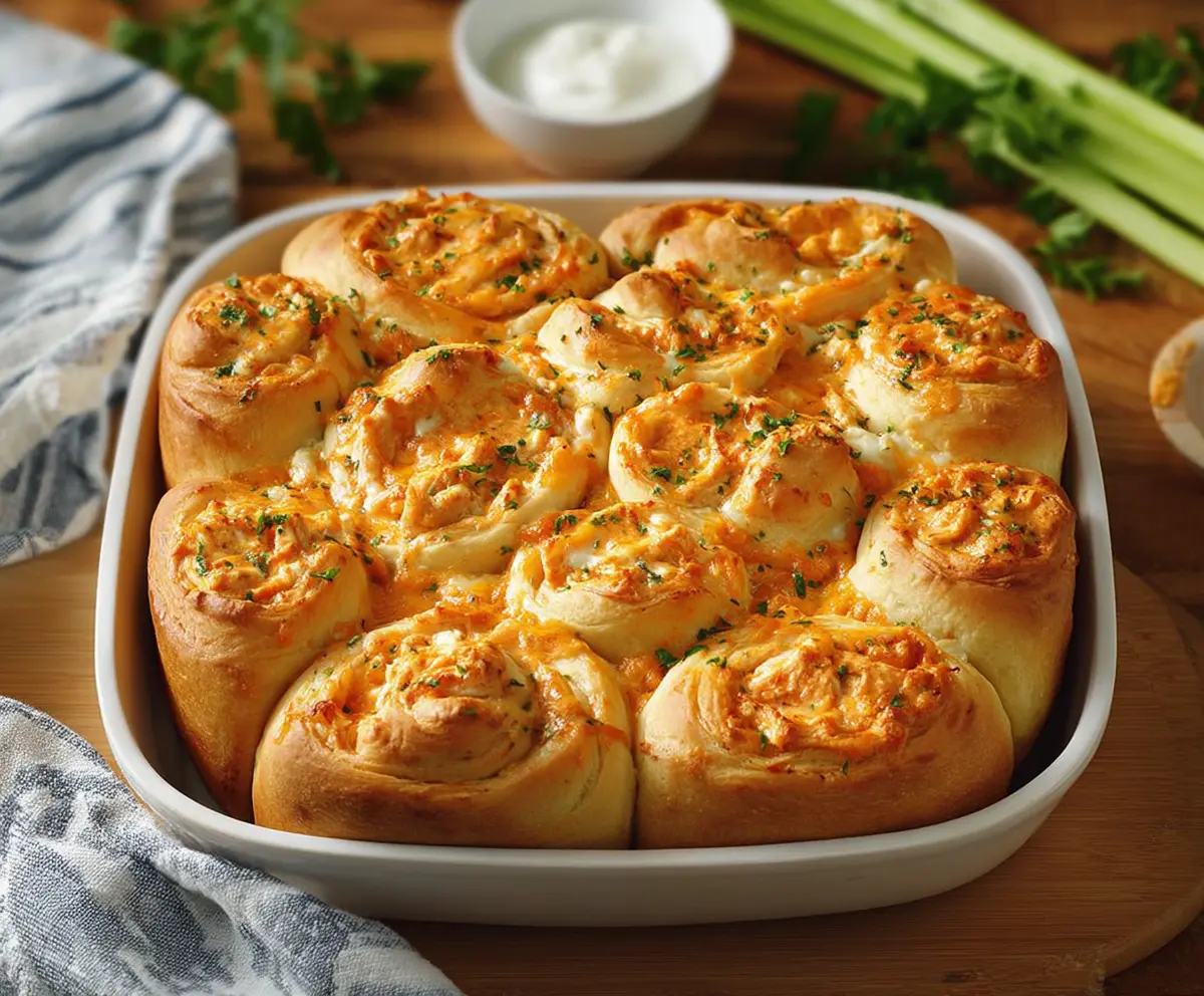 Buffalo Chicken Crescent Roll Bake with spicy chicken filling and crispy crescent roll crust