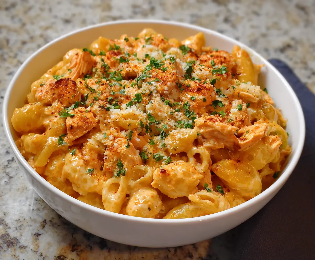 Creamy Buffalo Chicken Mac and Cheese served in a bowl, topped with chopped celery and green onions.