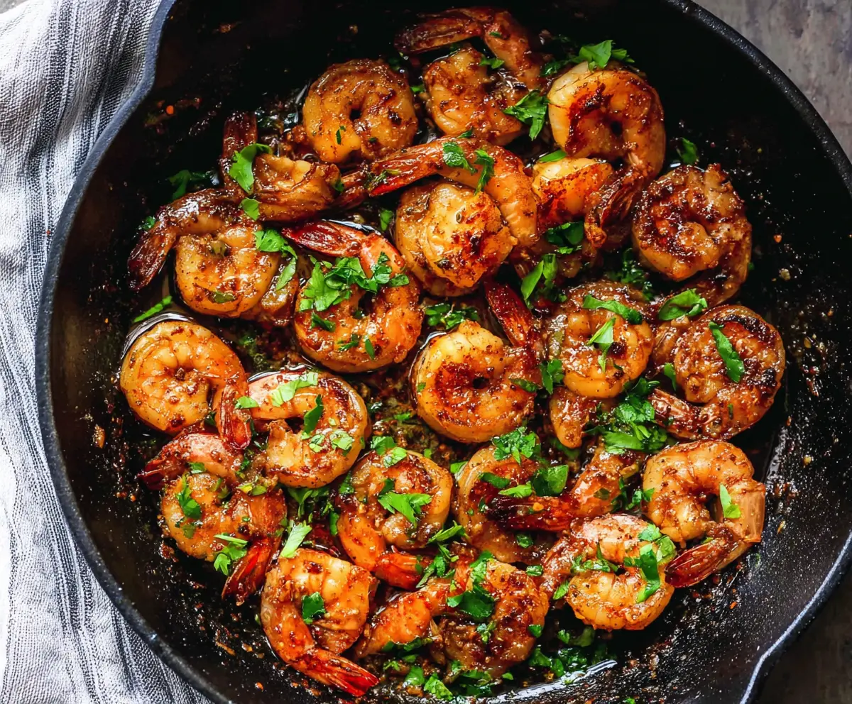 Delicious Cajun garlic butter shrimp served on a plate with fresh herbs