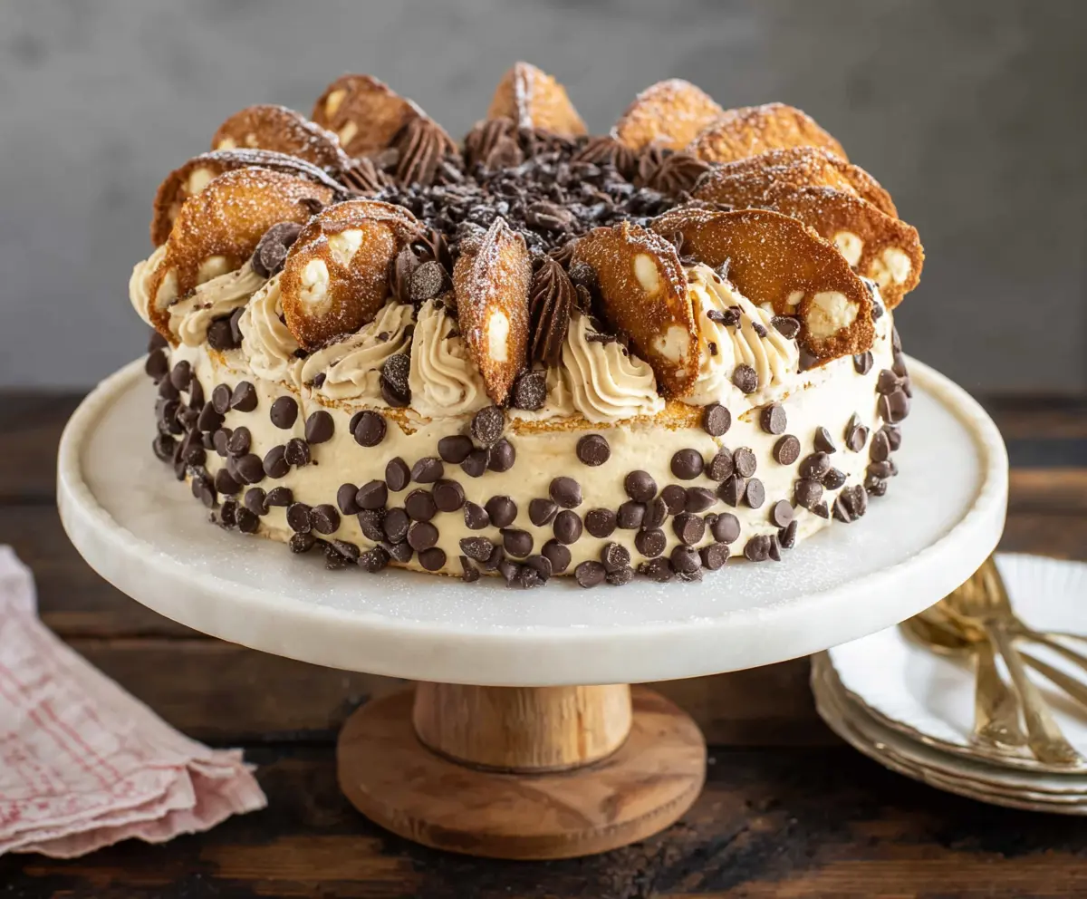 Delicious cannoli cake with creamy filling and chocolate chips, perfect for celebrations.