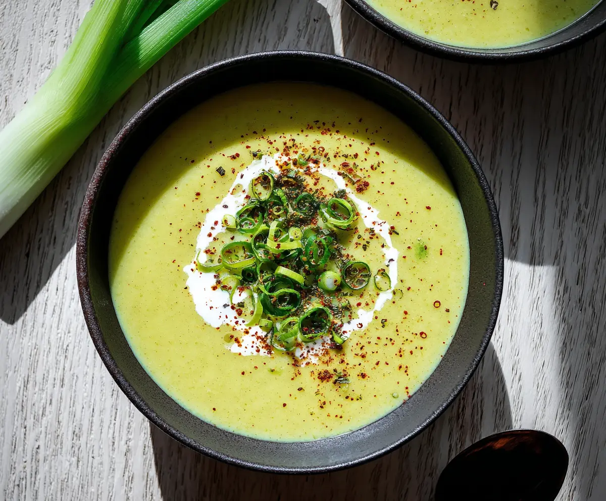 Creamy celery and leek soup served in a bowl with fresh herbs, perfect for a healthy meal.
