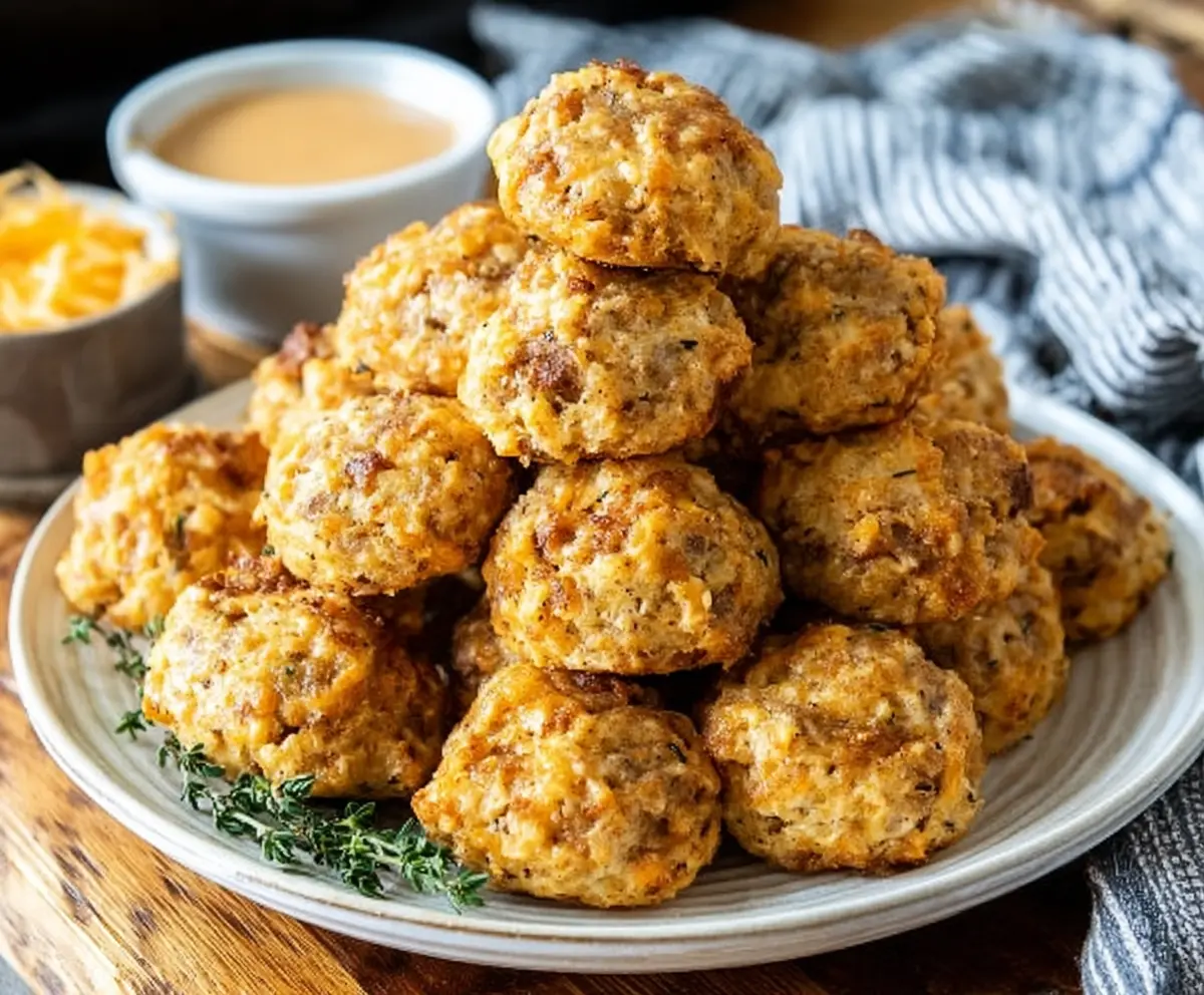 Delicious Cheddar Bay Sausage Balls on a plate, perfect for snacks and parties.