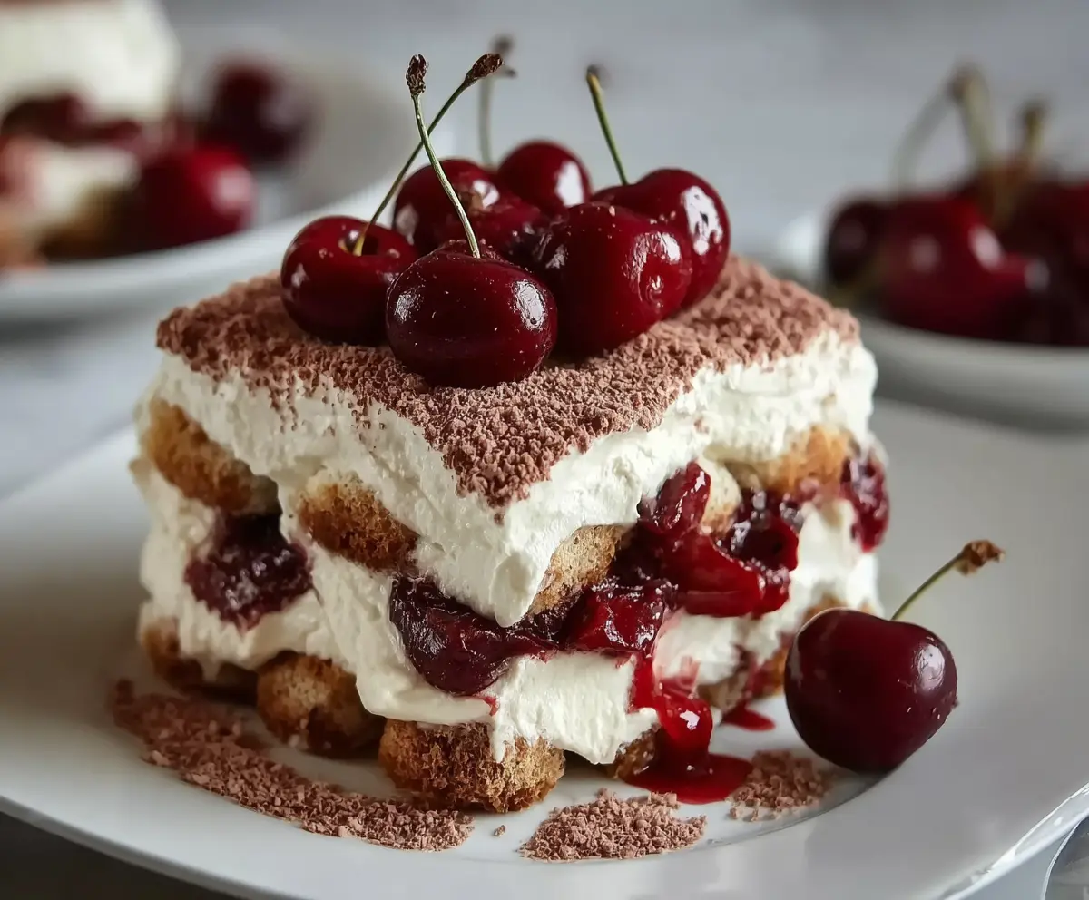 Delicious Cherry Amaretto Tiramisu layered with mascarpone cream and soaked cherries
