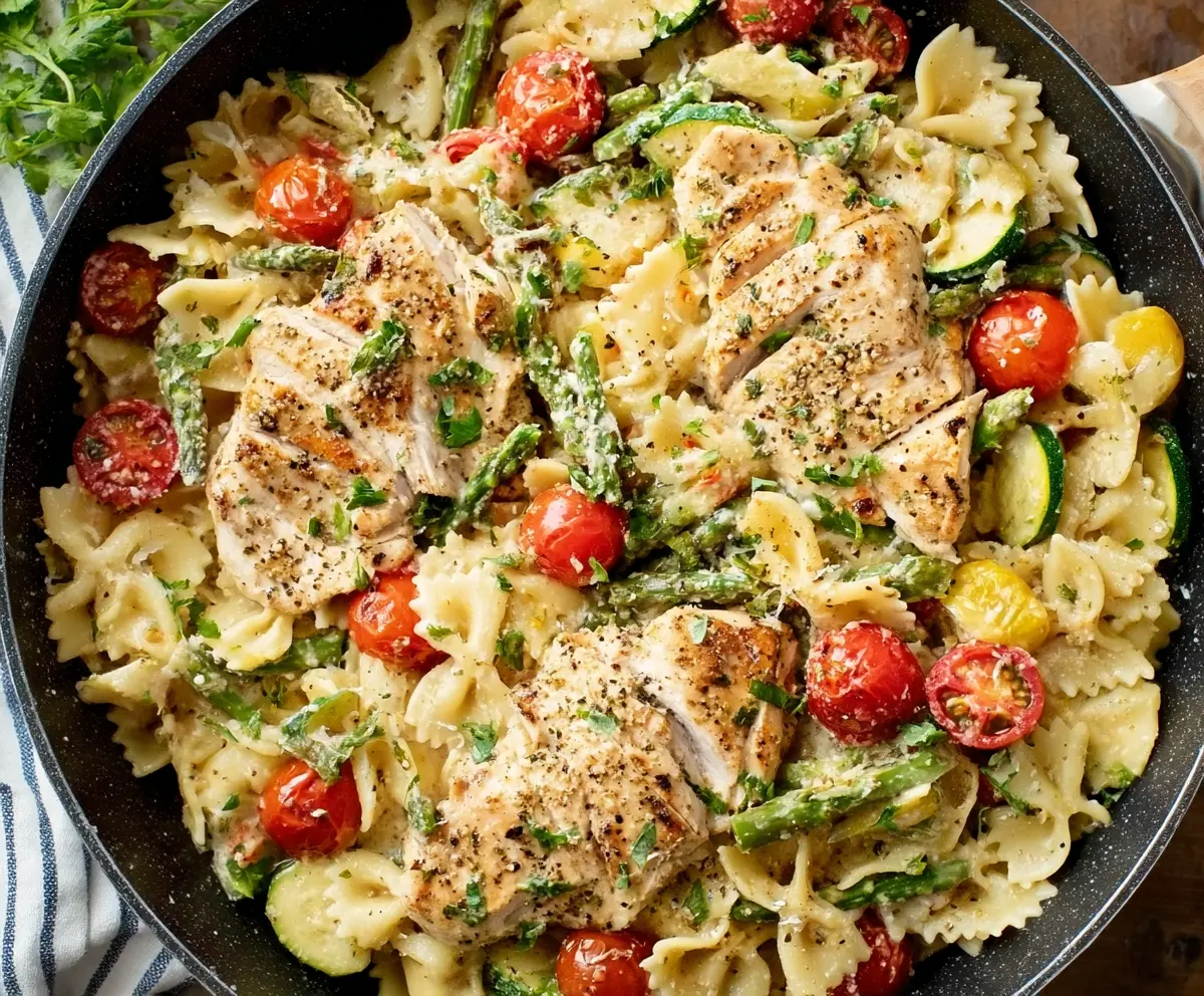 Delicious Chicken Primavera with colorful vegetables and pasta on a plate.